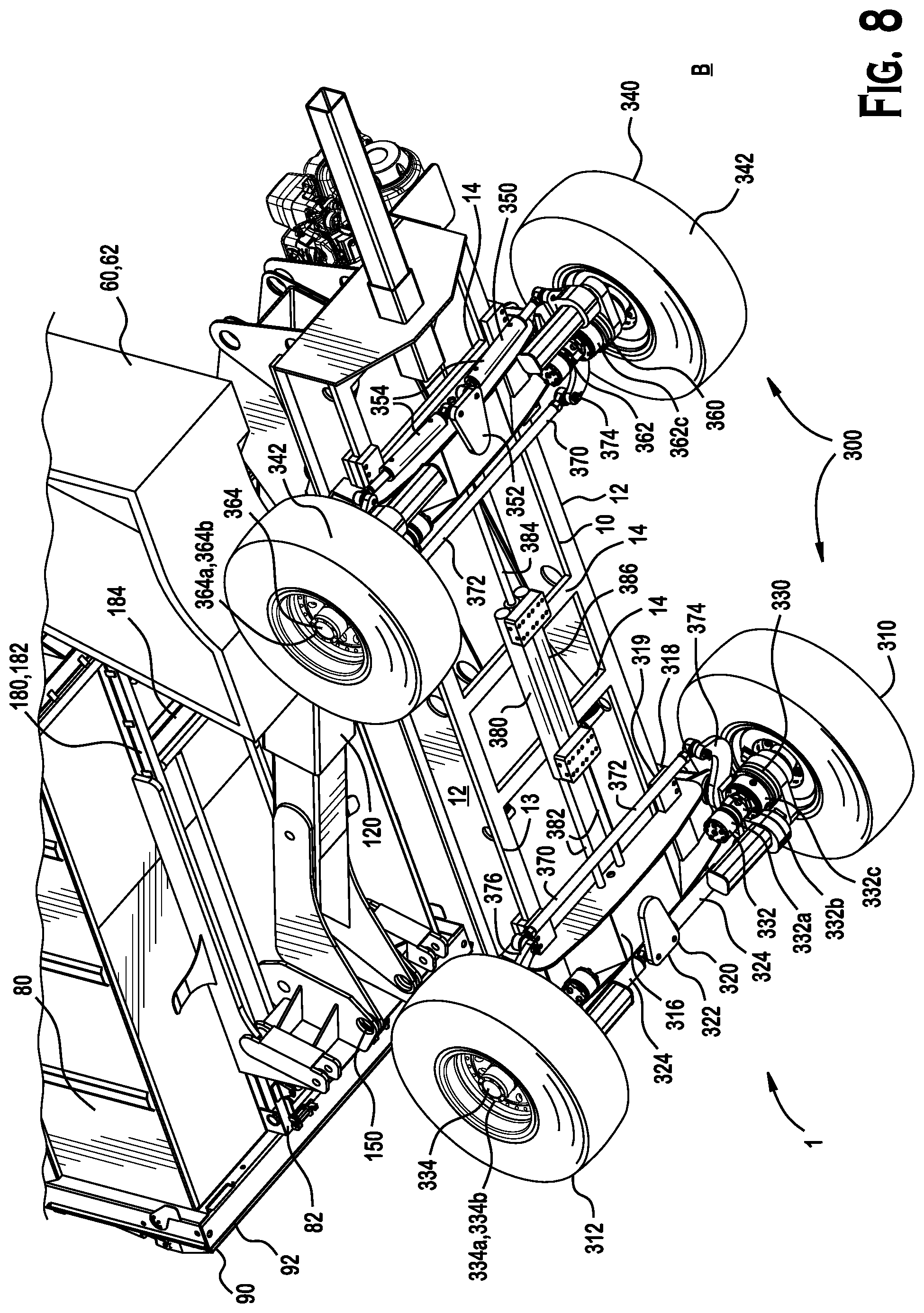 Patent US12377922 Figure 8 – Self-propelled tandem axle trailer
