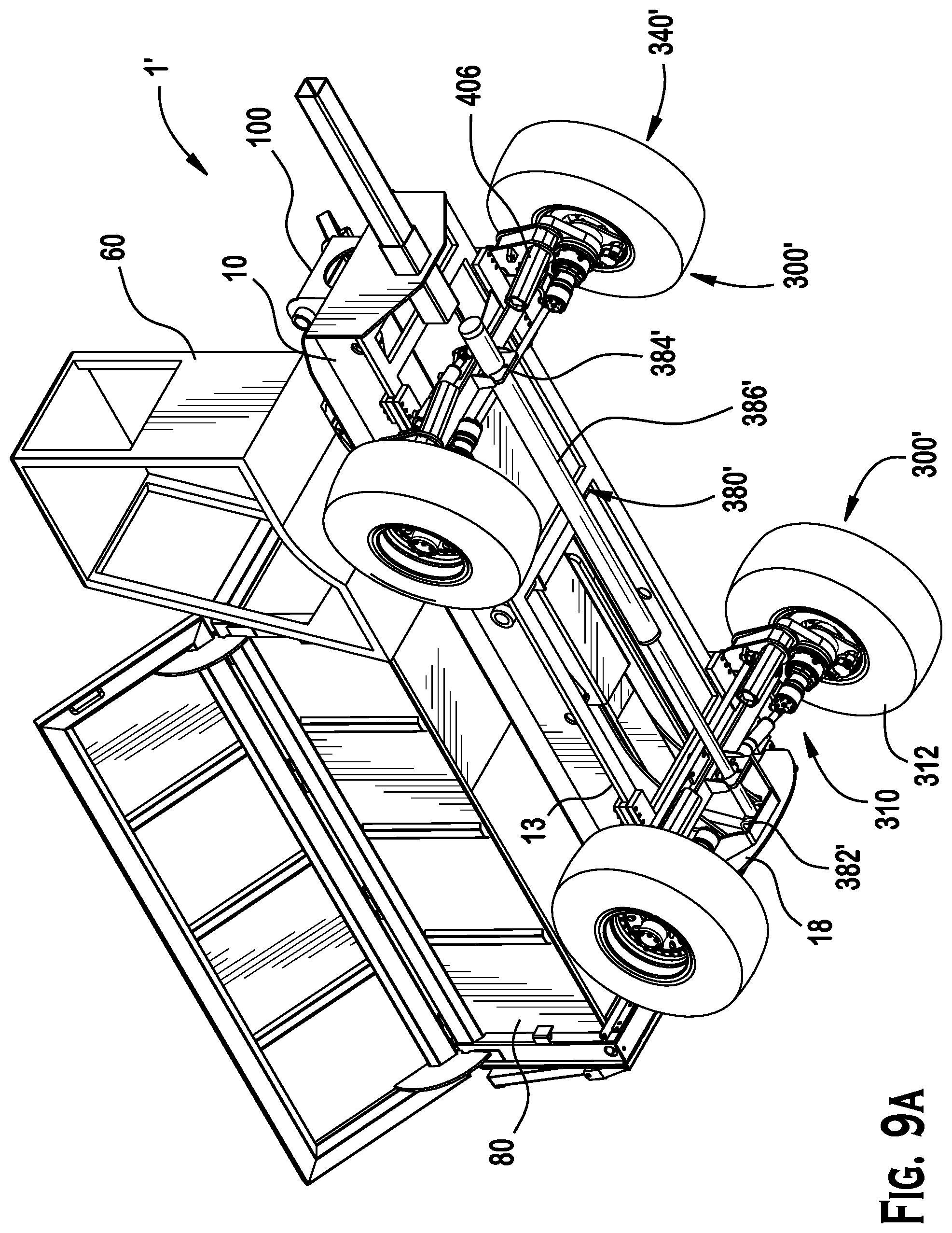 Patent US12377922 Figure 9 – Self-propelled tandem axle trailer