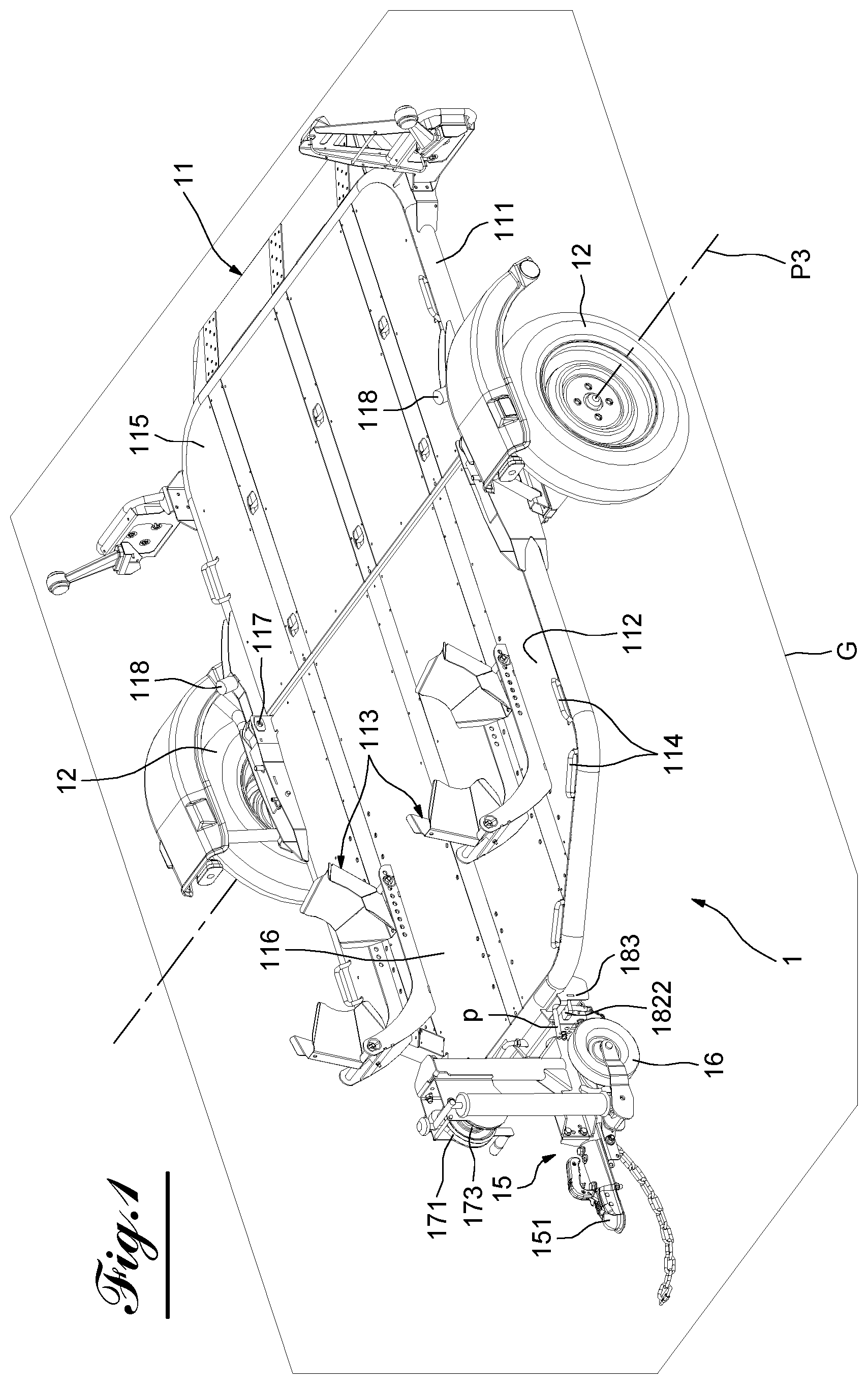 Patent US12377923 — Transport trailer comprising a system for tilting and righting its deck — Figure 1