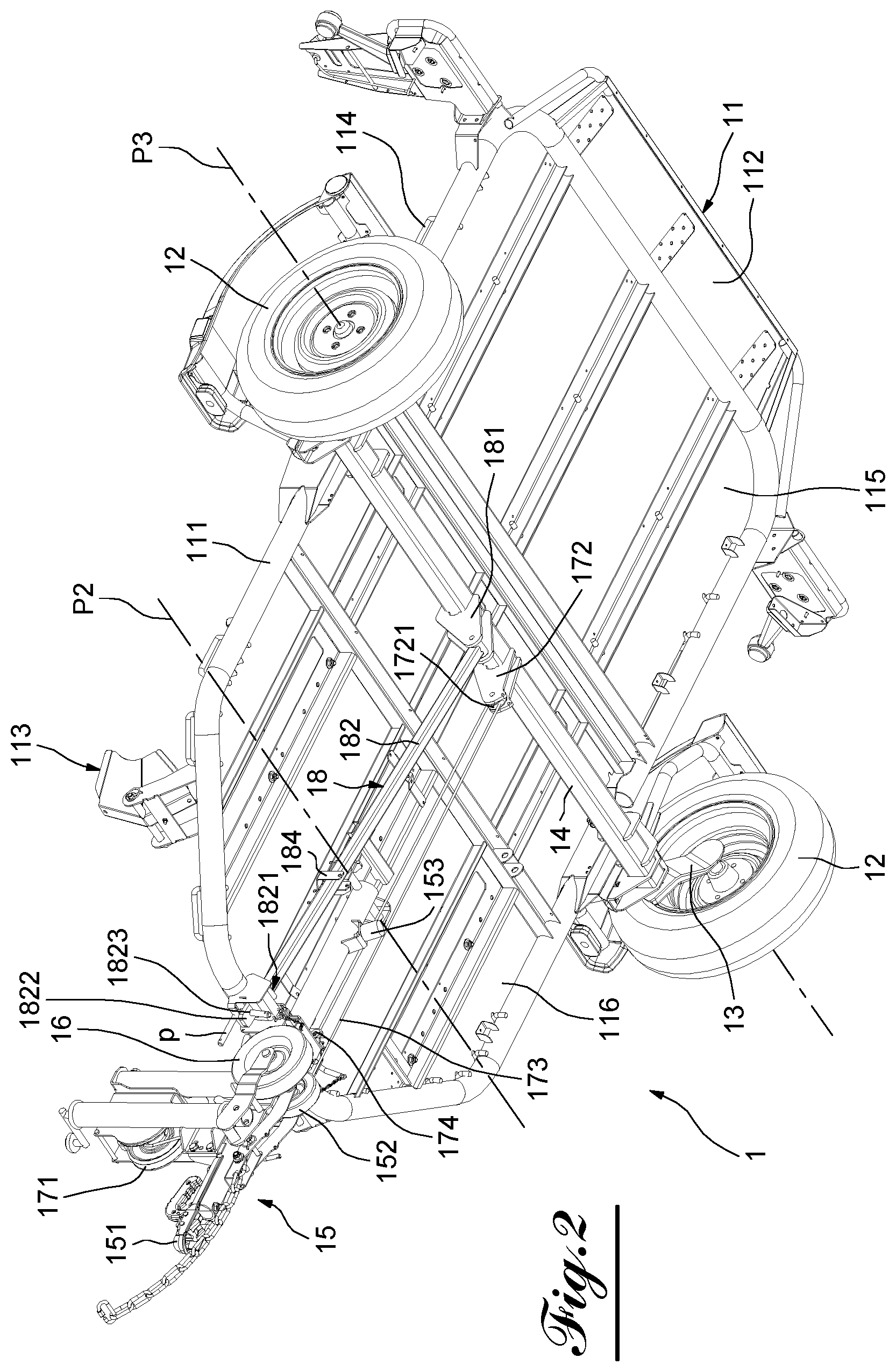 Patent US12377923 Figure 2 – Transport trailer comprising a system for tilting and righting its deck