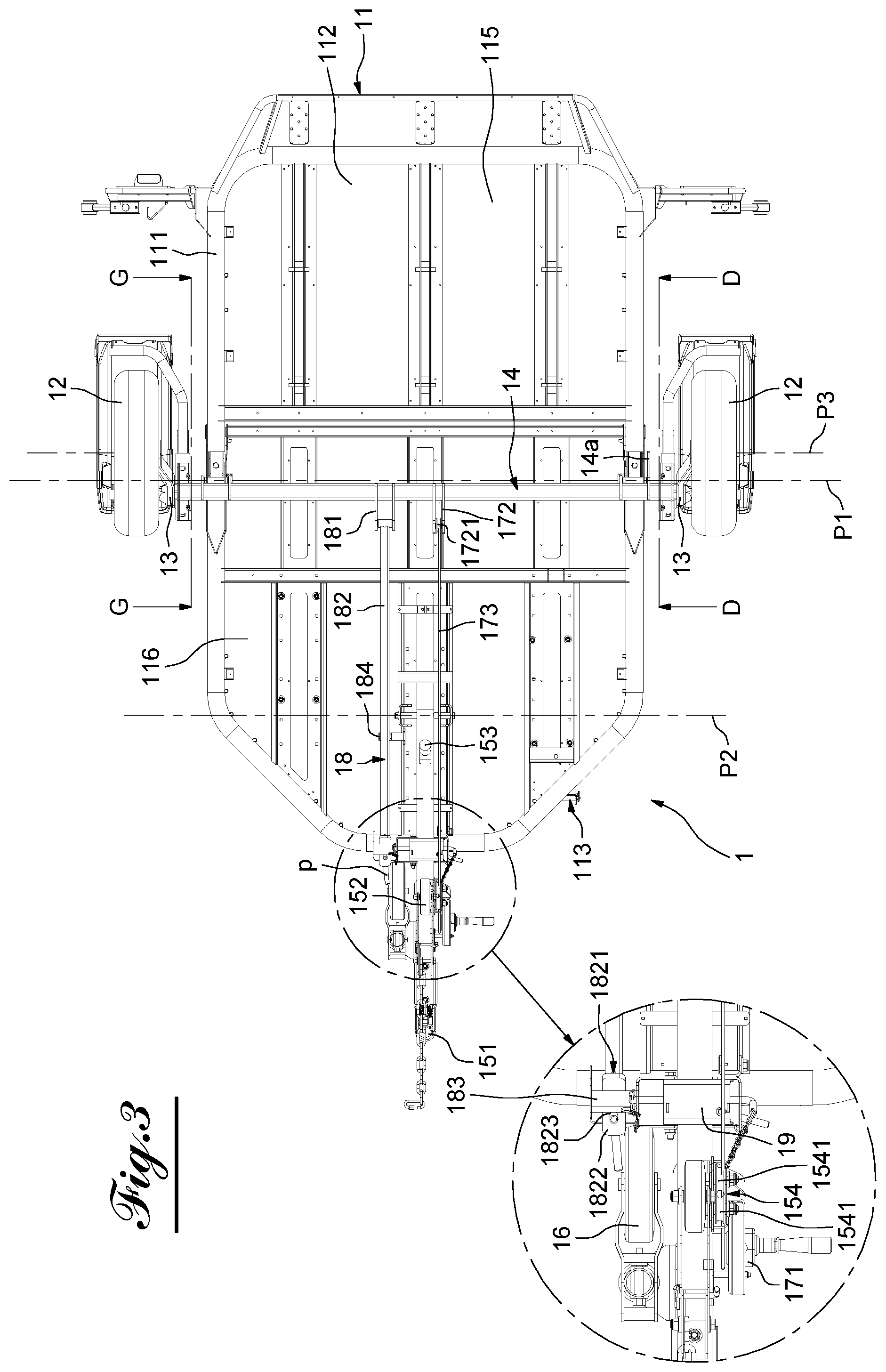 Patent US12377923 Figure 3 – Transport trailer comprising a system for tilting and righting its deck