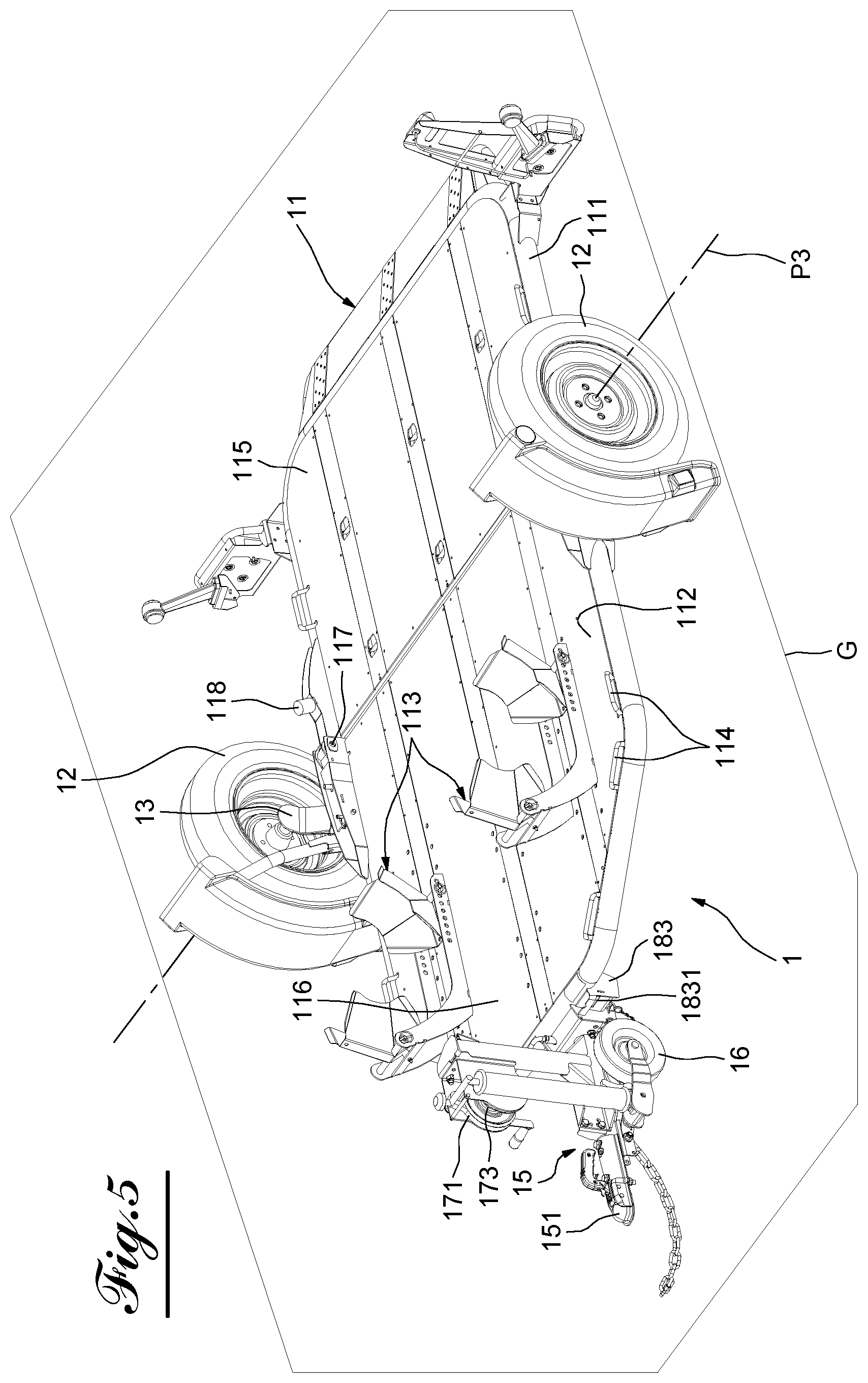 Patent US12377923 Figure 5 – Transport trailer comprising a system for tilting and righting its deck