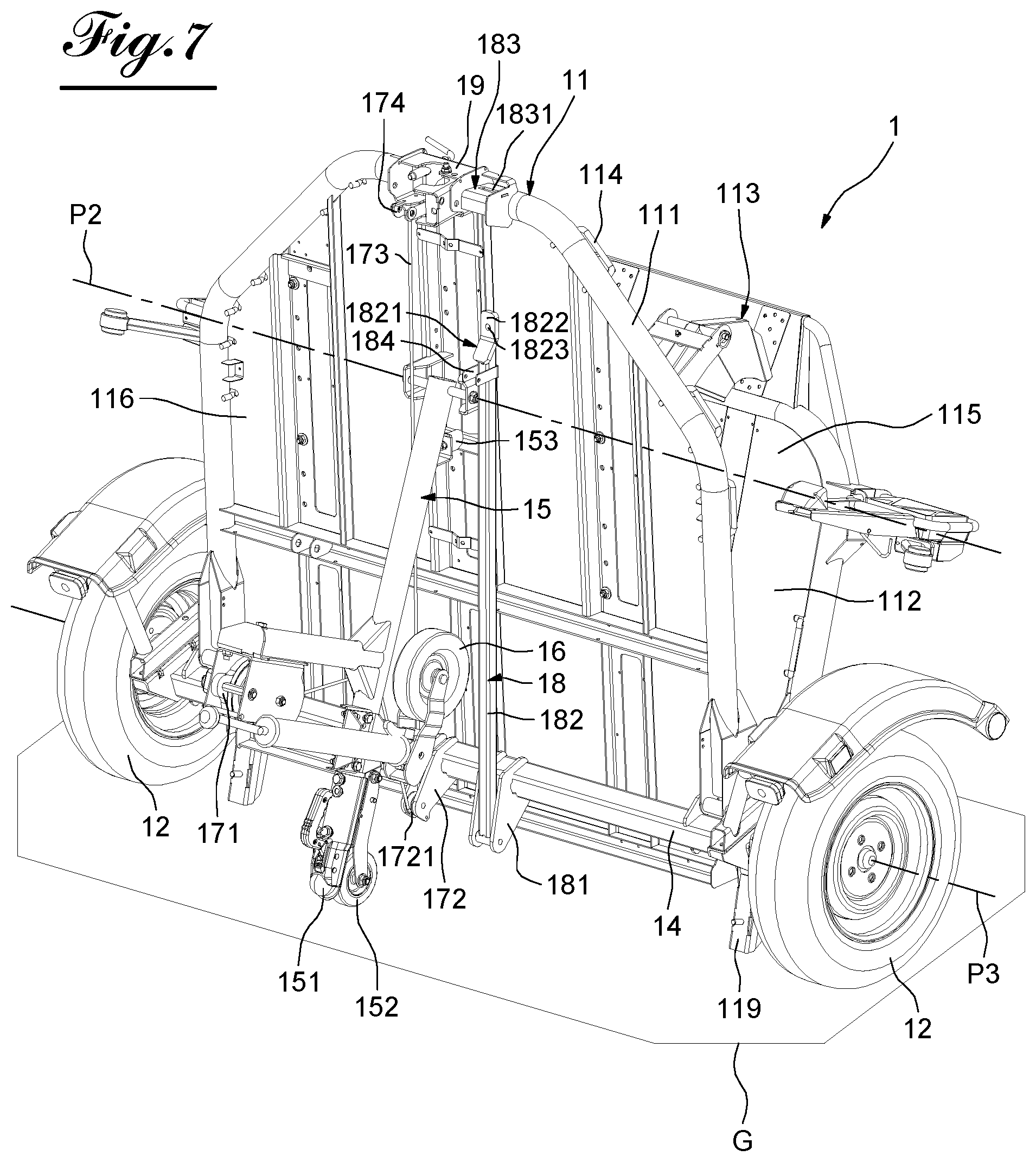 Patent US12377923 Figure 7 – Transport trailer comprising a system for tilting and righting its deck