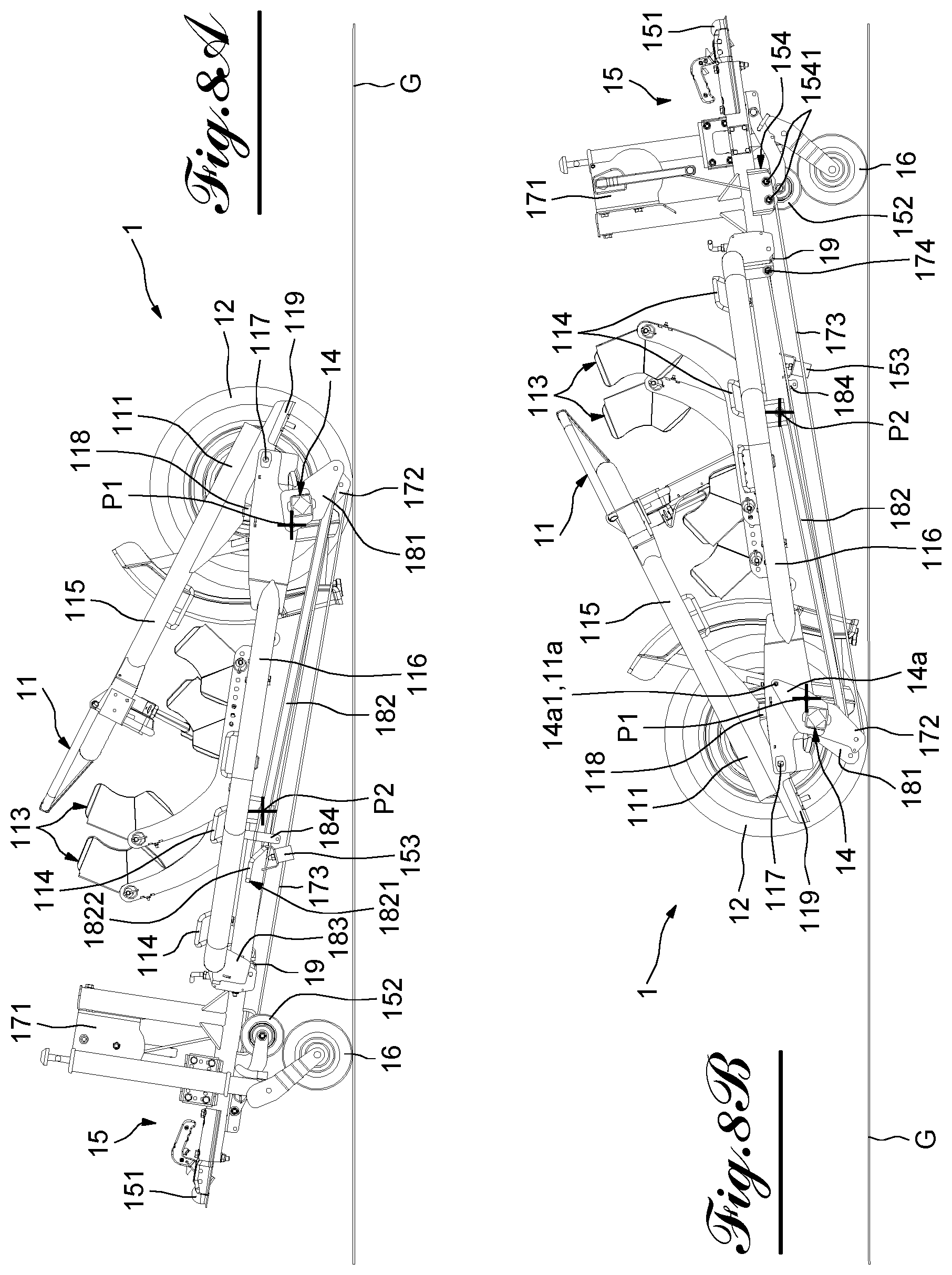 Patent US12377923 Figure 8 – Transport trailer comprising a system for tilting and righting its deck