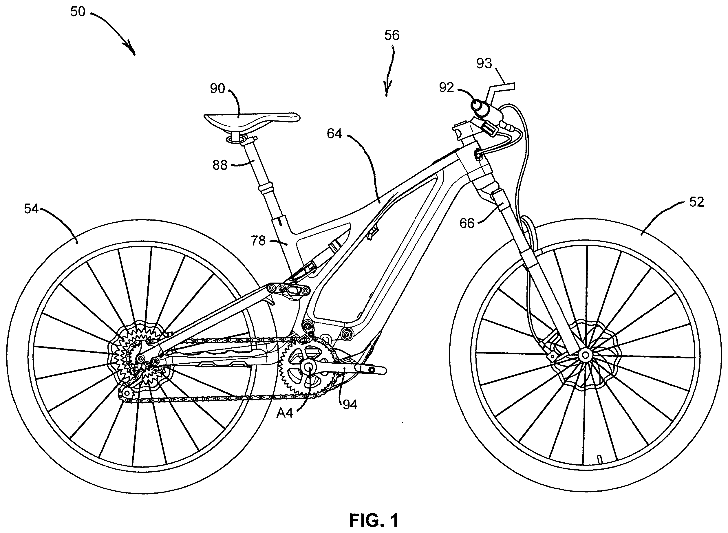Patent US12377934 — Bicycle with battery, motor and motor mount, wire routing, speed sensor, and dropper seat post — Figure 1