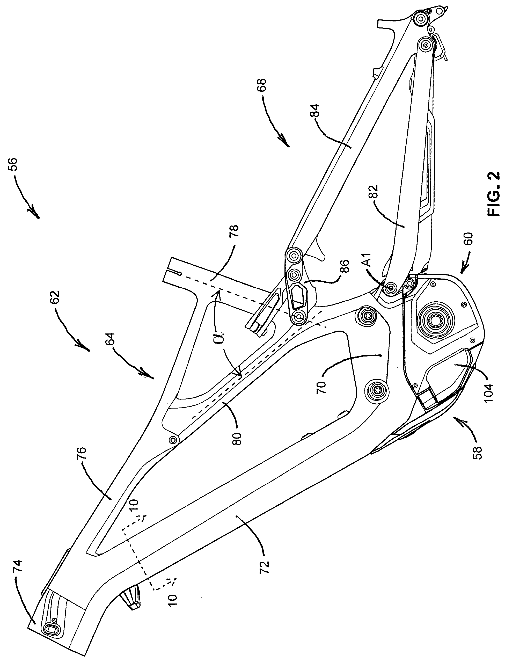 Patent US12377934 Figure 2 – Bicycle with battery, motor and motor mount, wire routing, speed sensor, and dropper seat post
