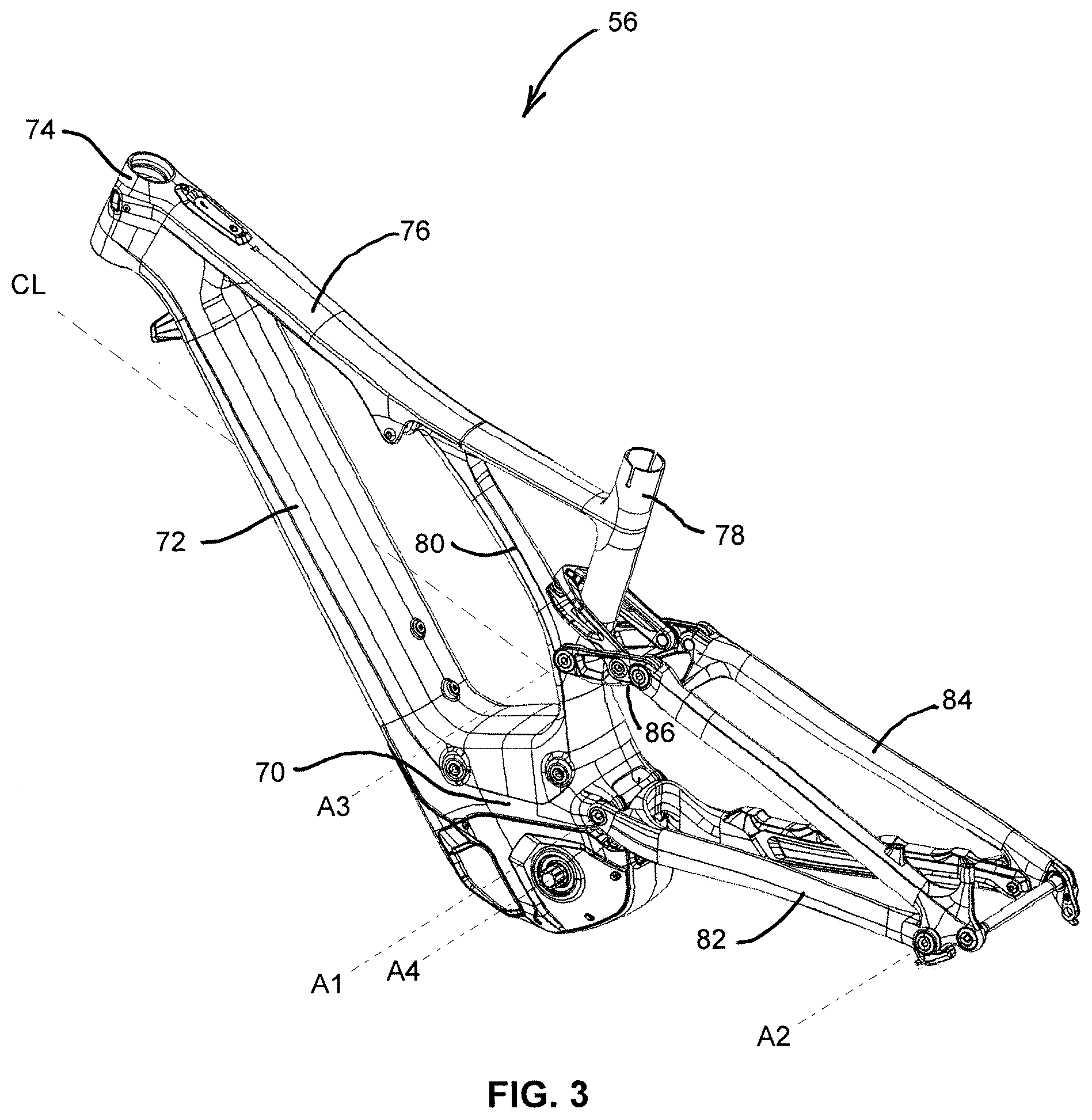 Patent US12377934 Figure 3 – Bicycle with battery, motor and motor mount, wire routing, speed sensor, and dropper seat post