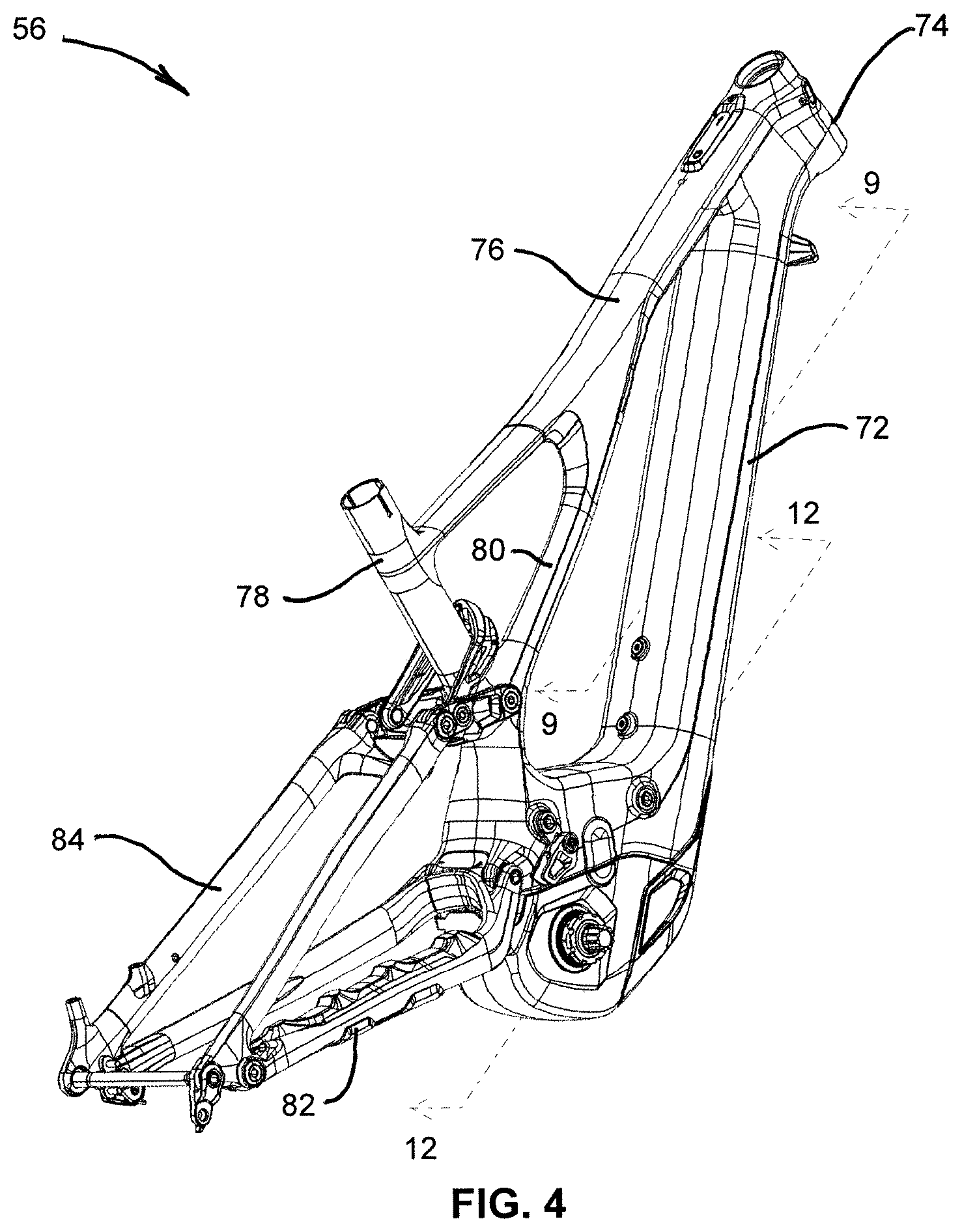 Patent US12377934 Figure 4 – Bicycle with battery, motor and motor mount, wire routing, speed sensor, and dropper seat post