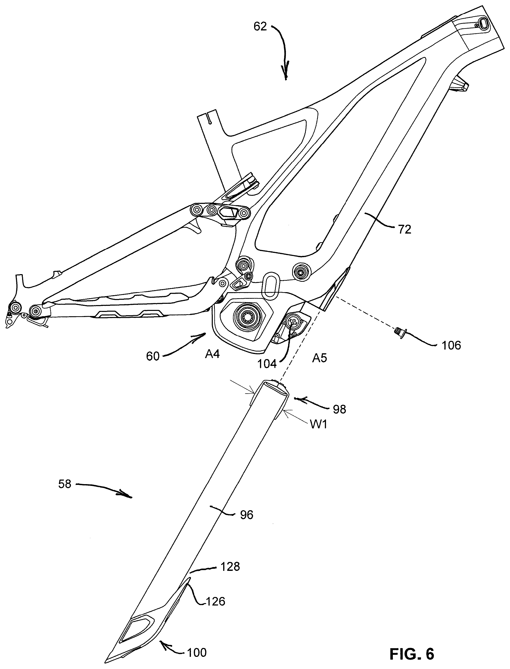Patent US12377934 Figure 6 – Bicycle with battery, motor and motor mount, wire routing, speed sensor, and dropper seat post