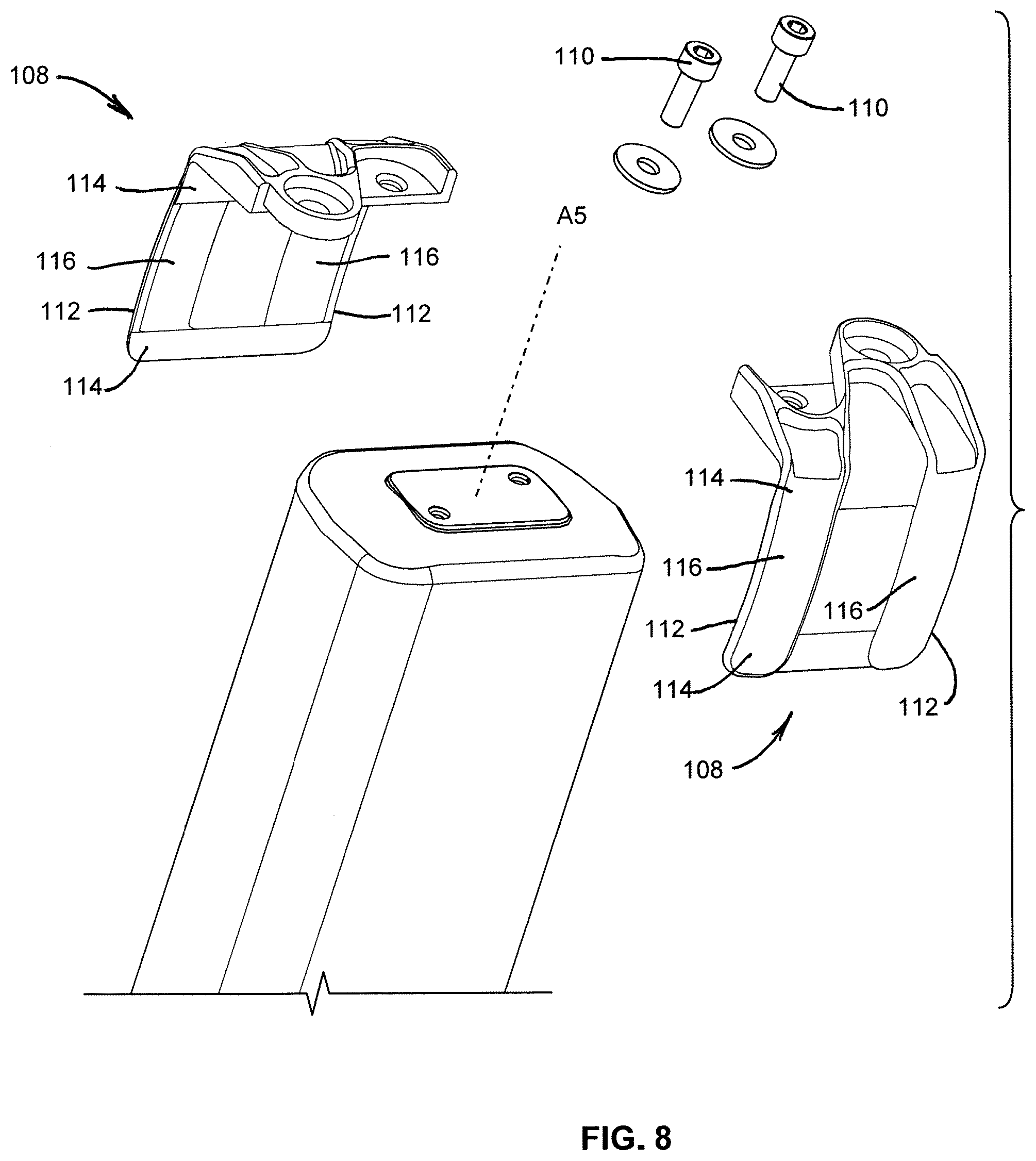 Patent US12377934 Figure 8 – Bicycle with battery, motor and motor mount, wire routing, speed sensor, and dropper seat post