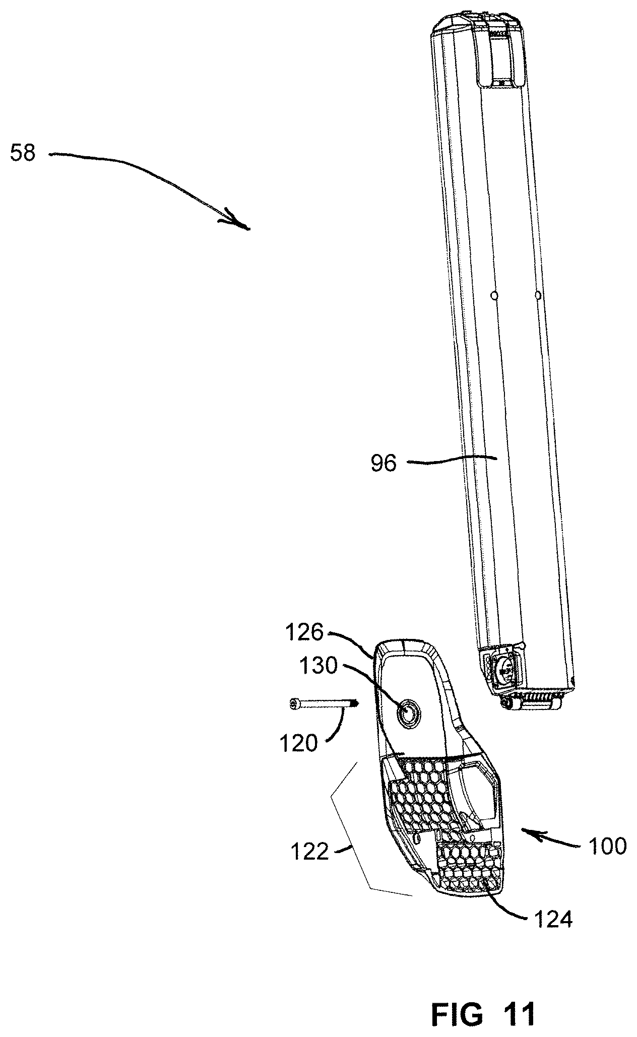 Patent US12377934 Figure 11 – Bicycle with battery, motor and motor mount, wire routing, speed sensor, and dropper seat post