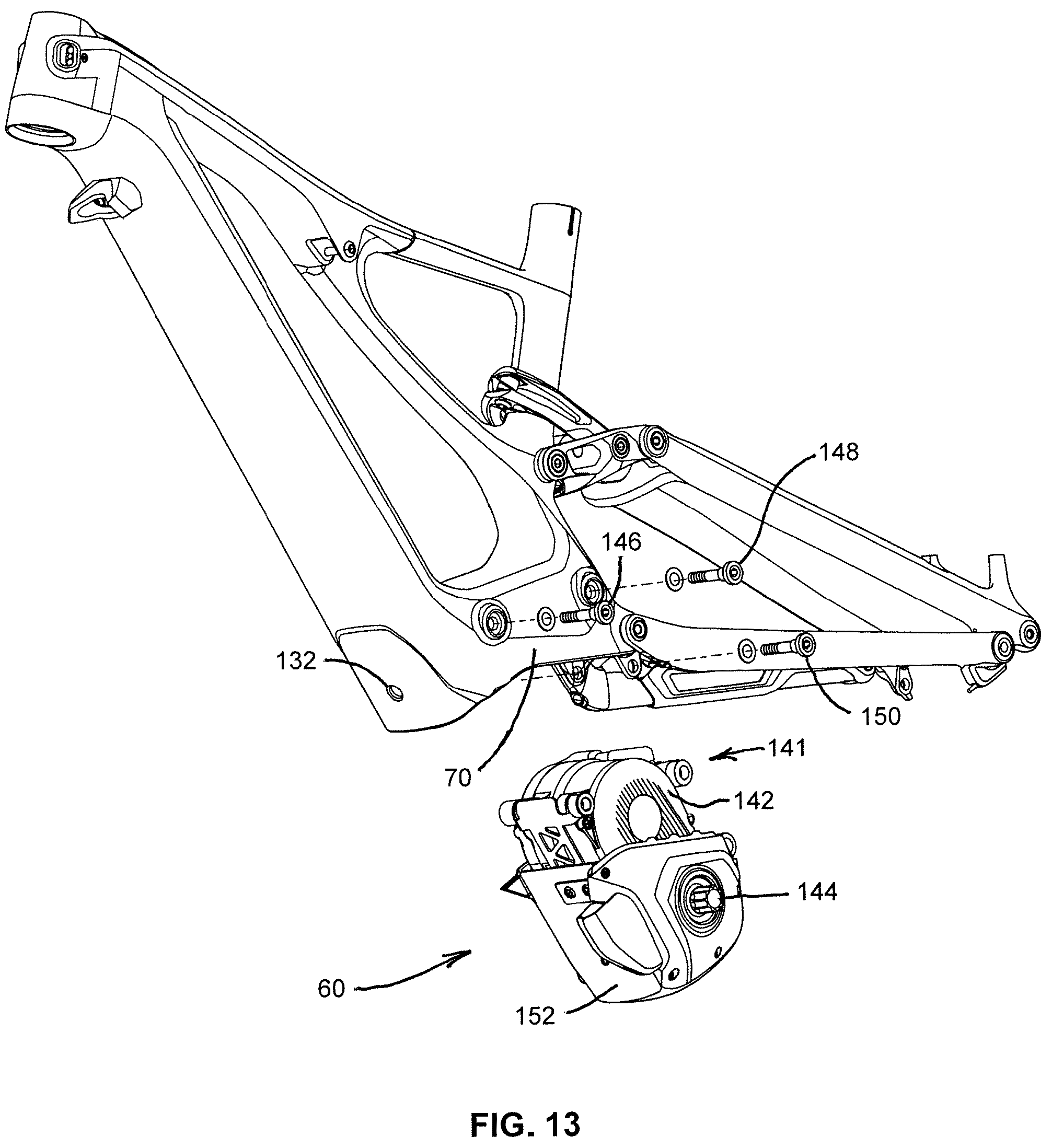 Patent US12377934 Figure 13 – Bicycle with battery, motor and motor mount, wire routing, speed sensor, and dropper seat post