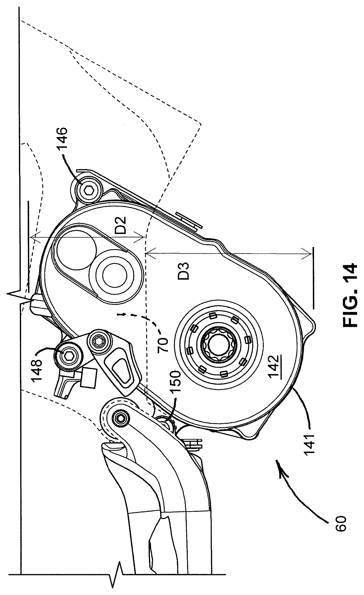 Patent US12377934 Figure 14 – Bicycle with battery, motor and motor mount, wire routing, speed sensor, and dropper seat post