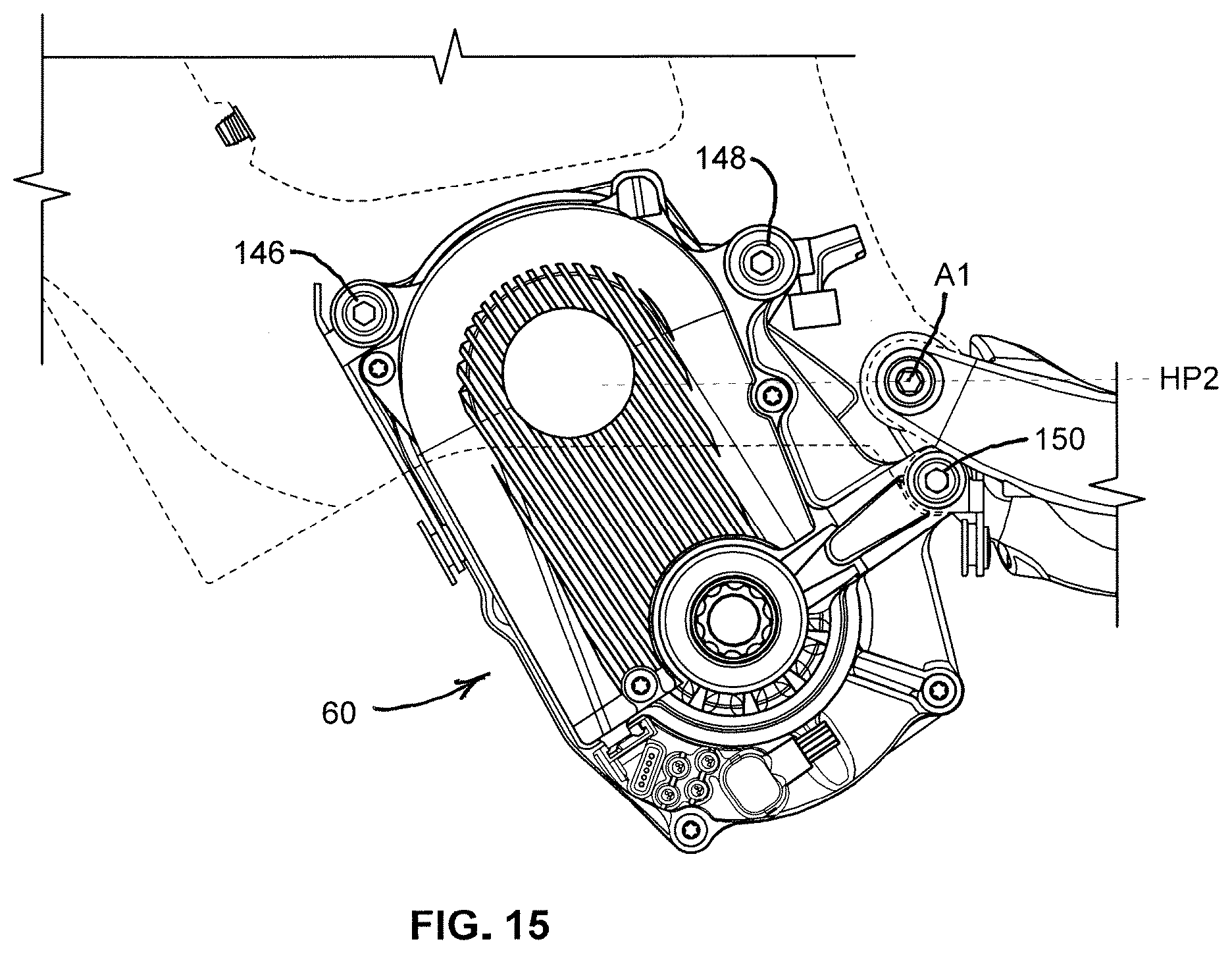 Patent US12377934 Figure 15 – Bicycle with battery, motor and motor mount, wire routing, speed sensor, and dropper seat post