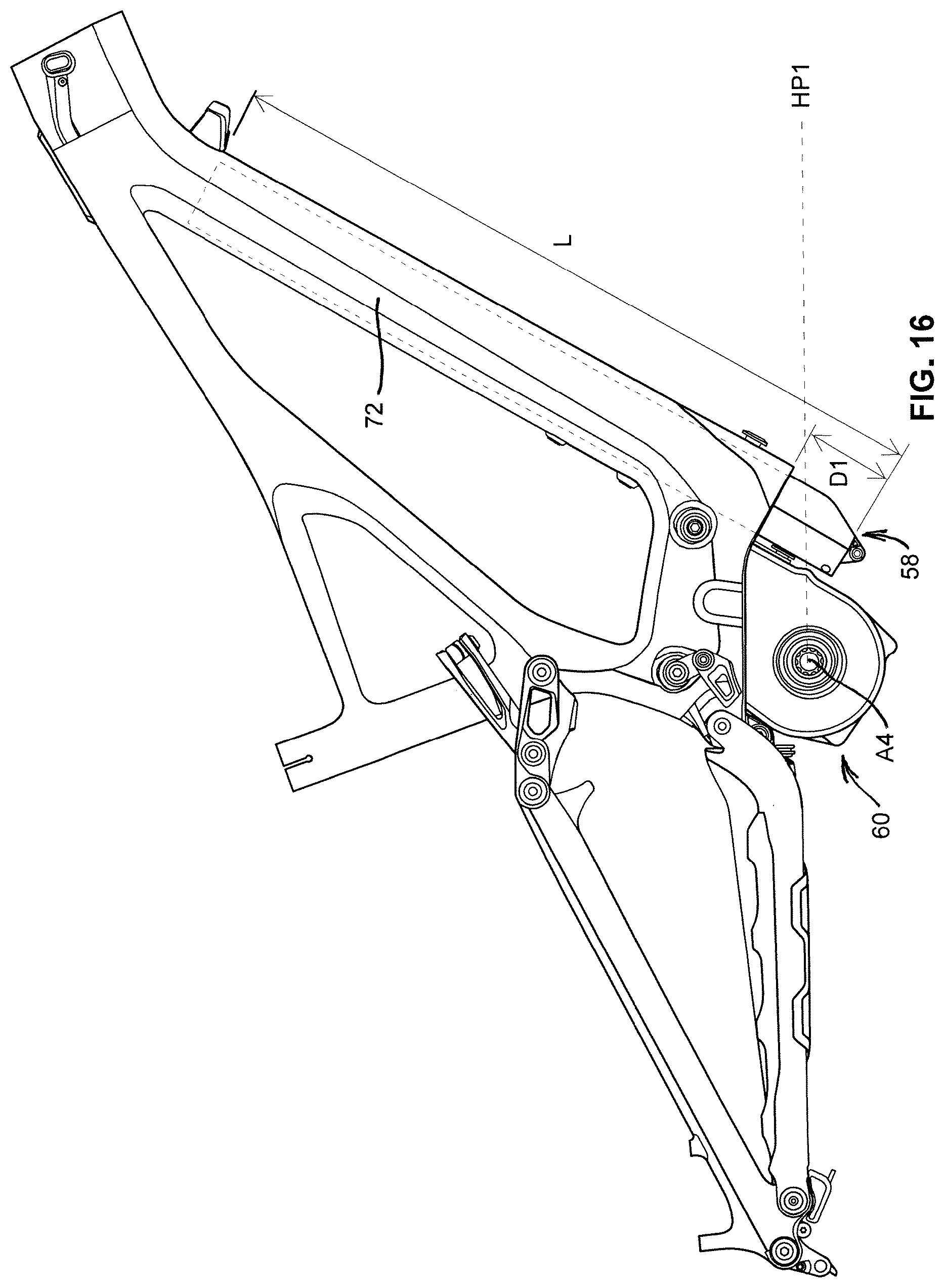 Patent US12377934 Figure 16 – Bicycle with battery, motor and motor mount, wire routing, speed sensor, and dropper seat post