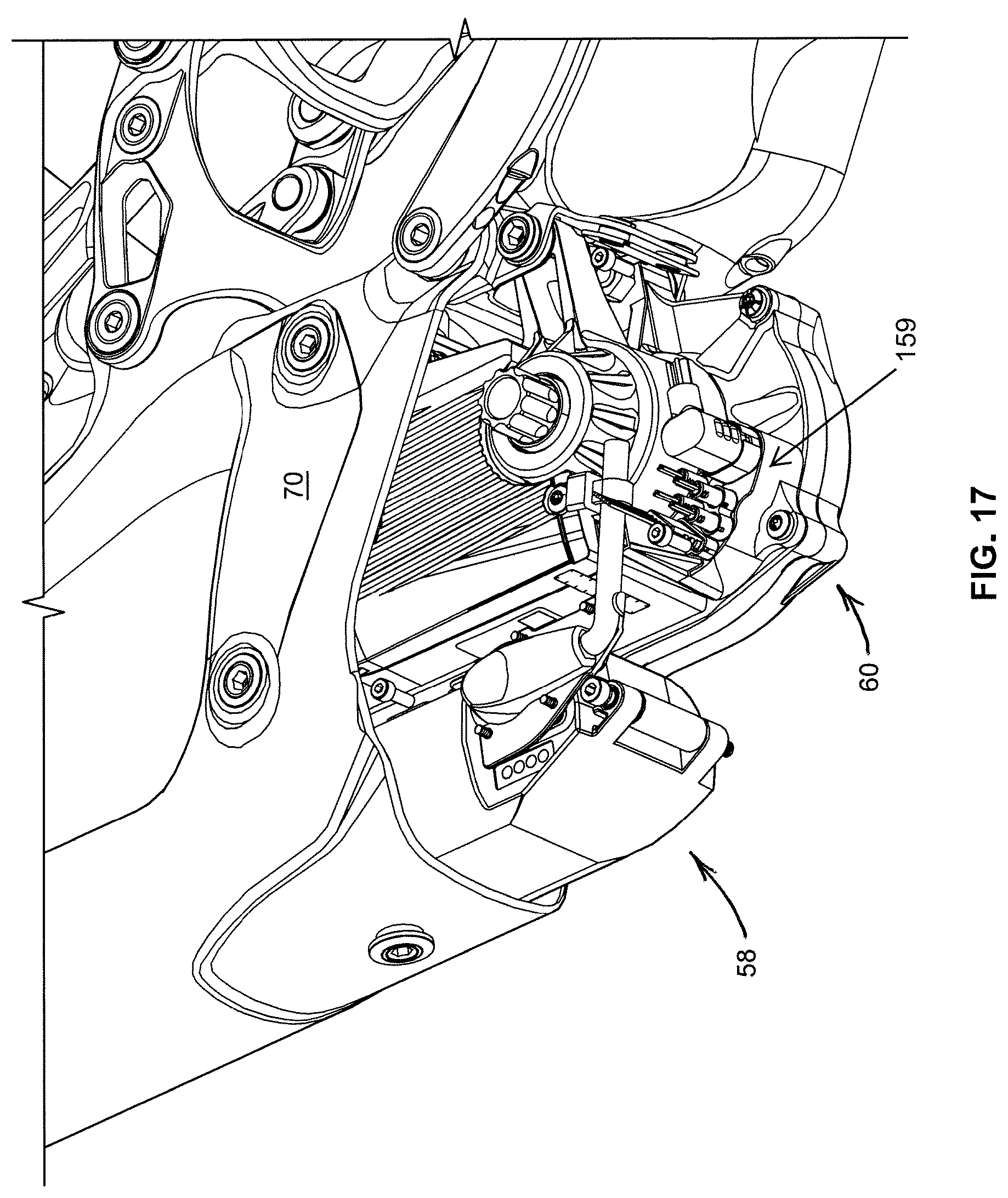 Patent US12377934 Figure 17 – Bicycle with battery, motor and motor mount, wire routing, speed sensor, and dropper seat post