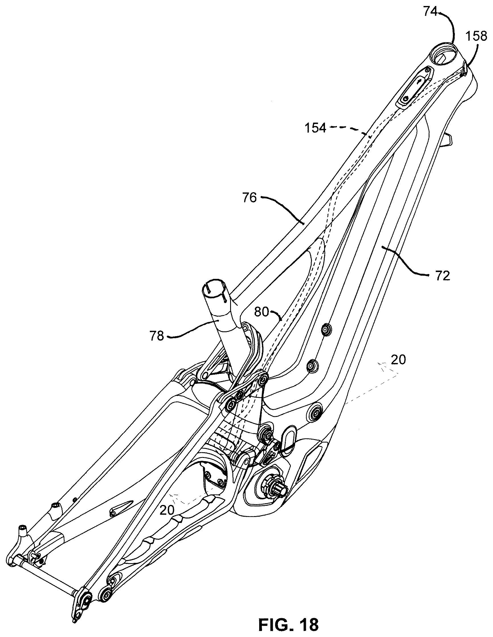 Patent US12377934 Figure 18 – Bicycle with battery, motor and motor mount, wire routing, speed sensor, and dropper seat post