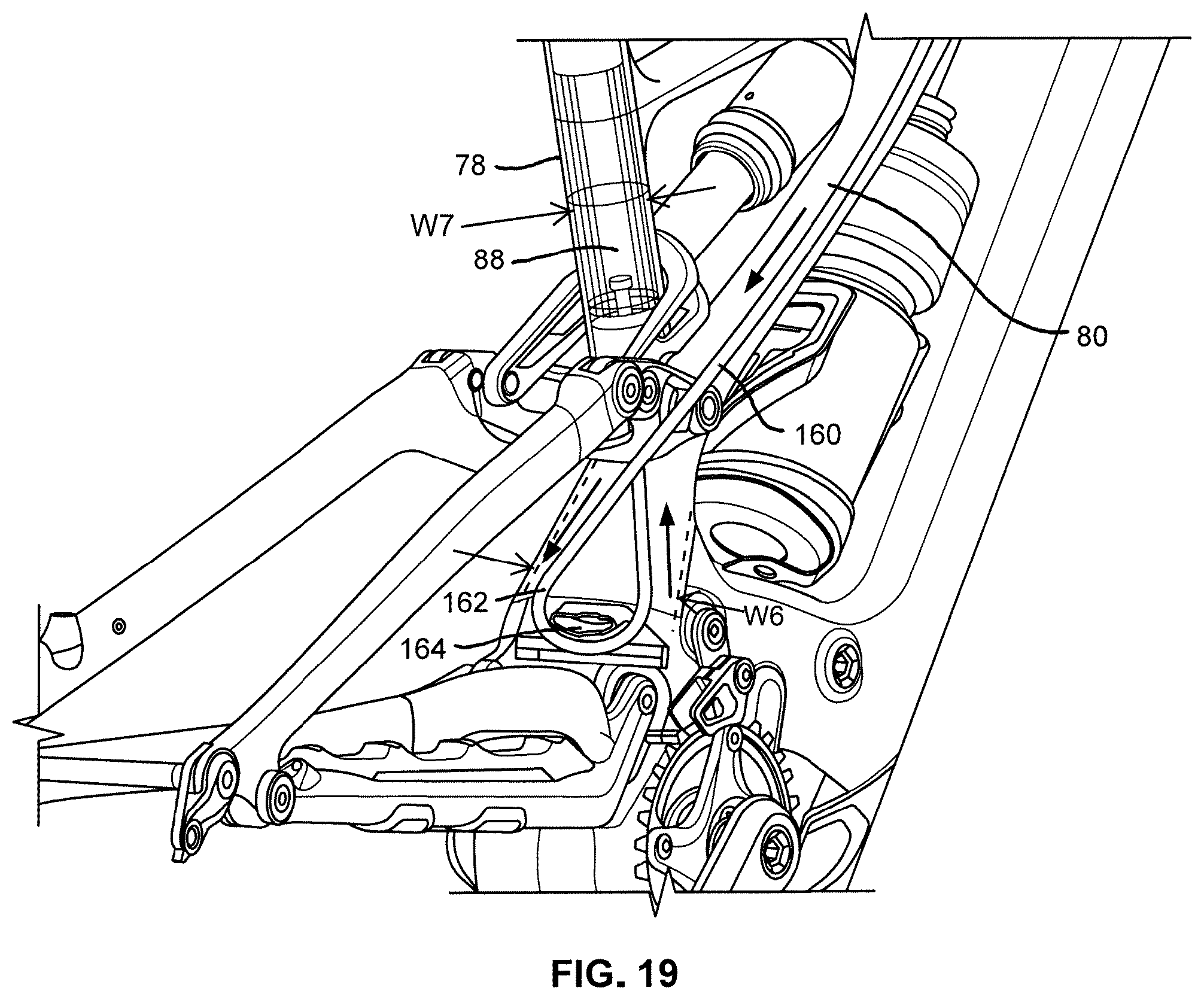 Patent US12377934 Figure 19 – Bicycle with battery, motor and motor mount, wire routing, speed sensor, and dropper seat post
