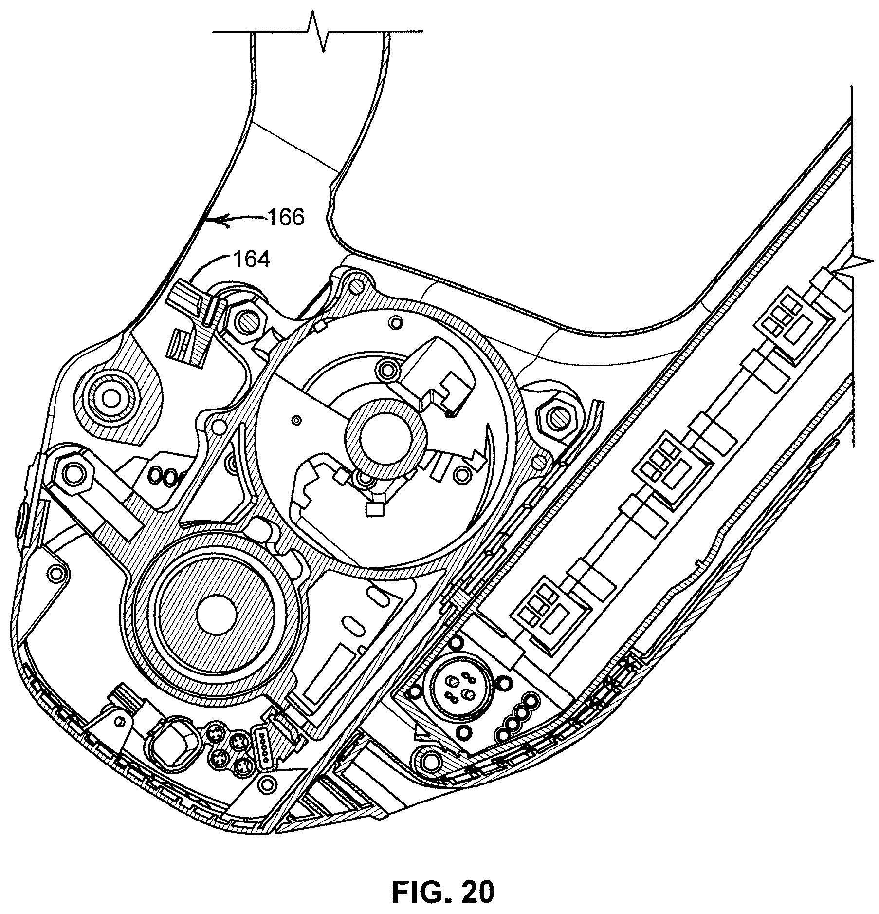Patent US12377934 Figure 20 – Bicycle with battery, motor and motor mount, wire routing, speed sensor, and dropper seat post