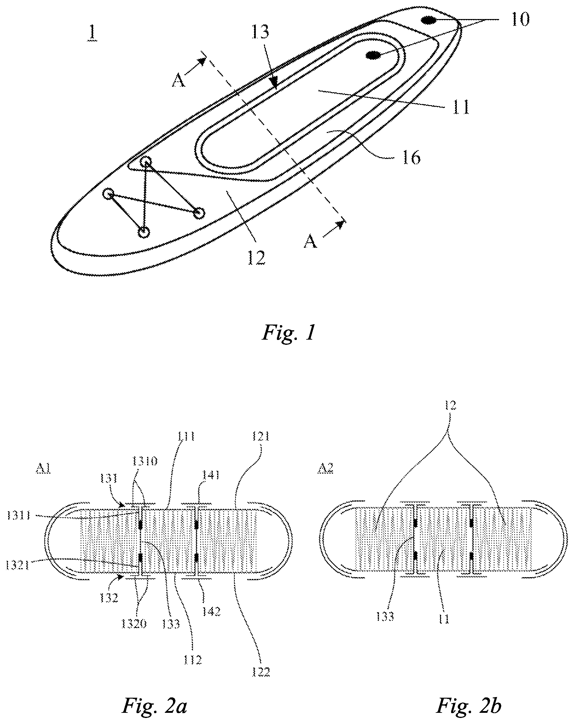 Patent US12377939 Figure 1 – Multi-air-chamber surfboard