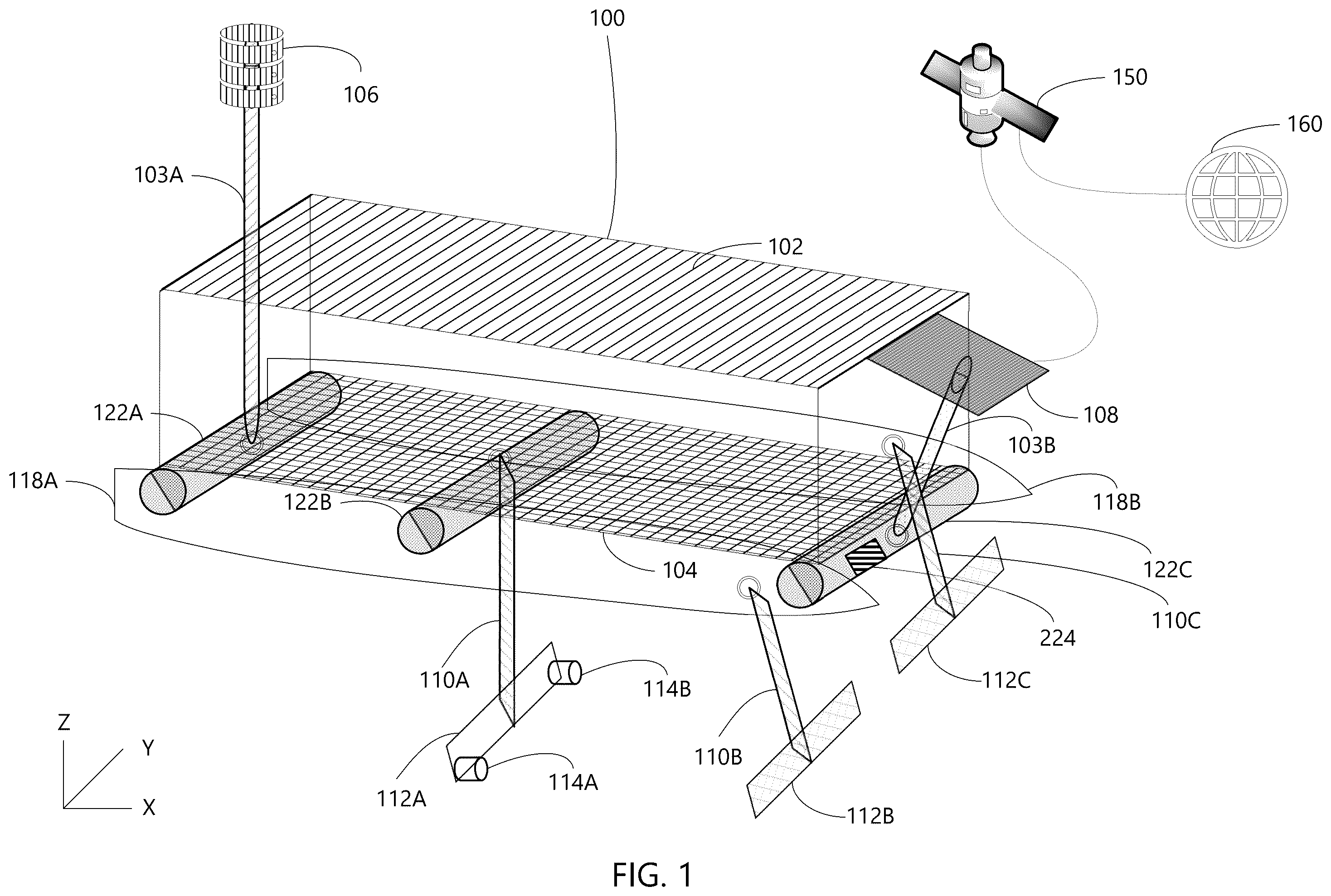 Patent US12377946 Figure 1 – Method and apparatus for solar powered and navigationally optimized hydrofoil autonomous vessel