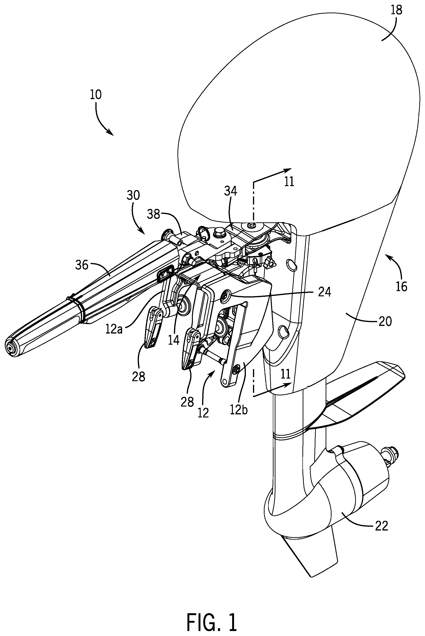Patent US12377947 Figure 1 – Outboard motor that is removable from transom clamp bracket