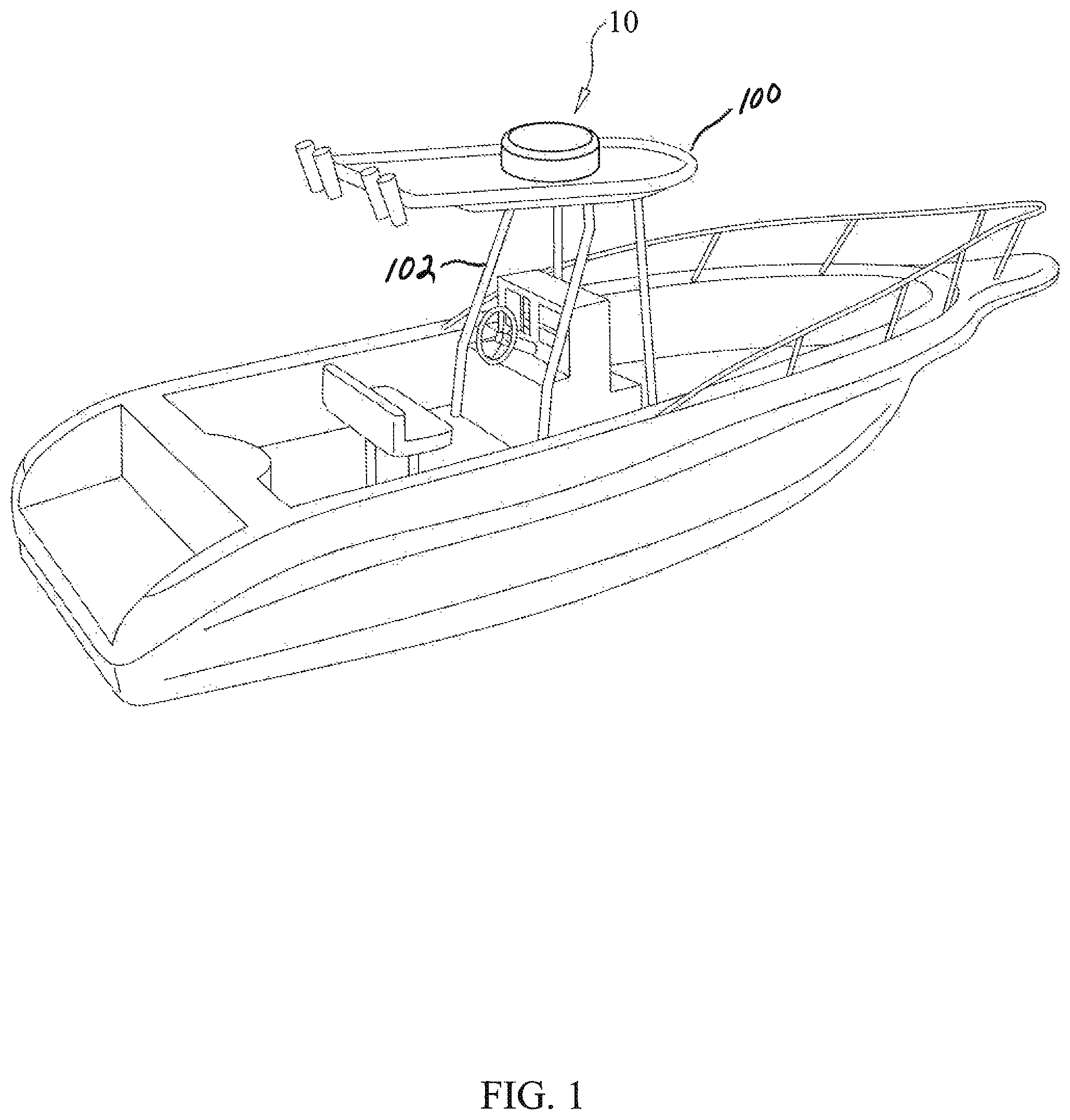 Patent US12377948 Figure 1 – T-top mounted marine air conditioning unit and enclosure