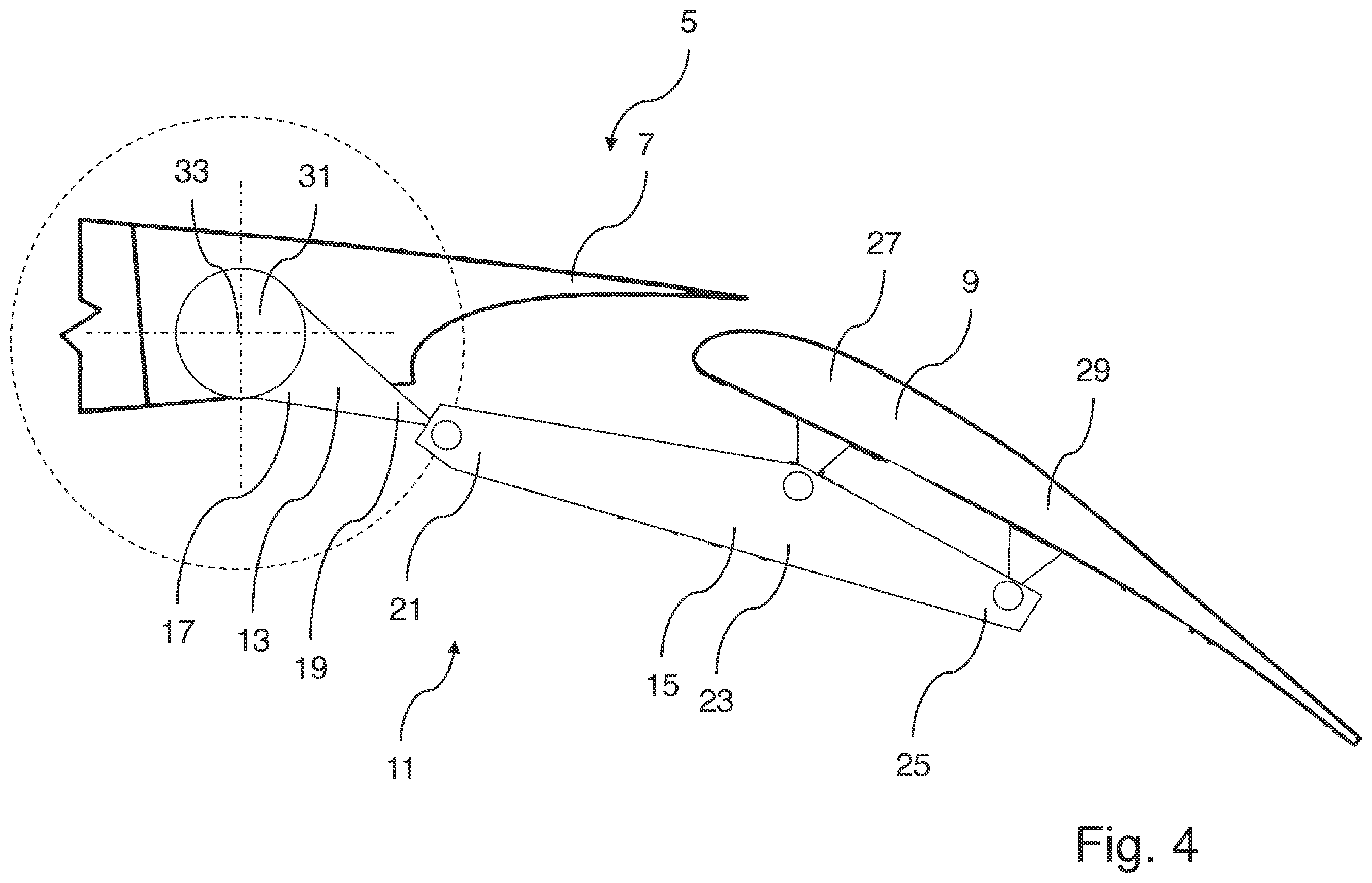 Patent US12377960 Figure 4 – Wing assembly comprising a connecting assembly with a first and a second connecting element, wing, and aircraft