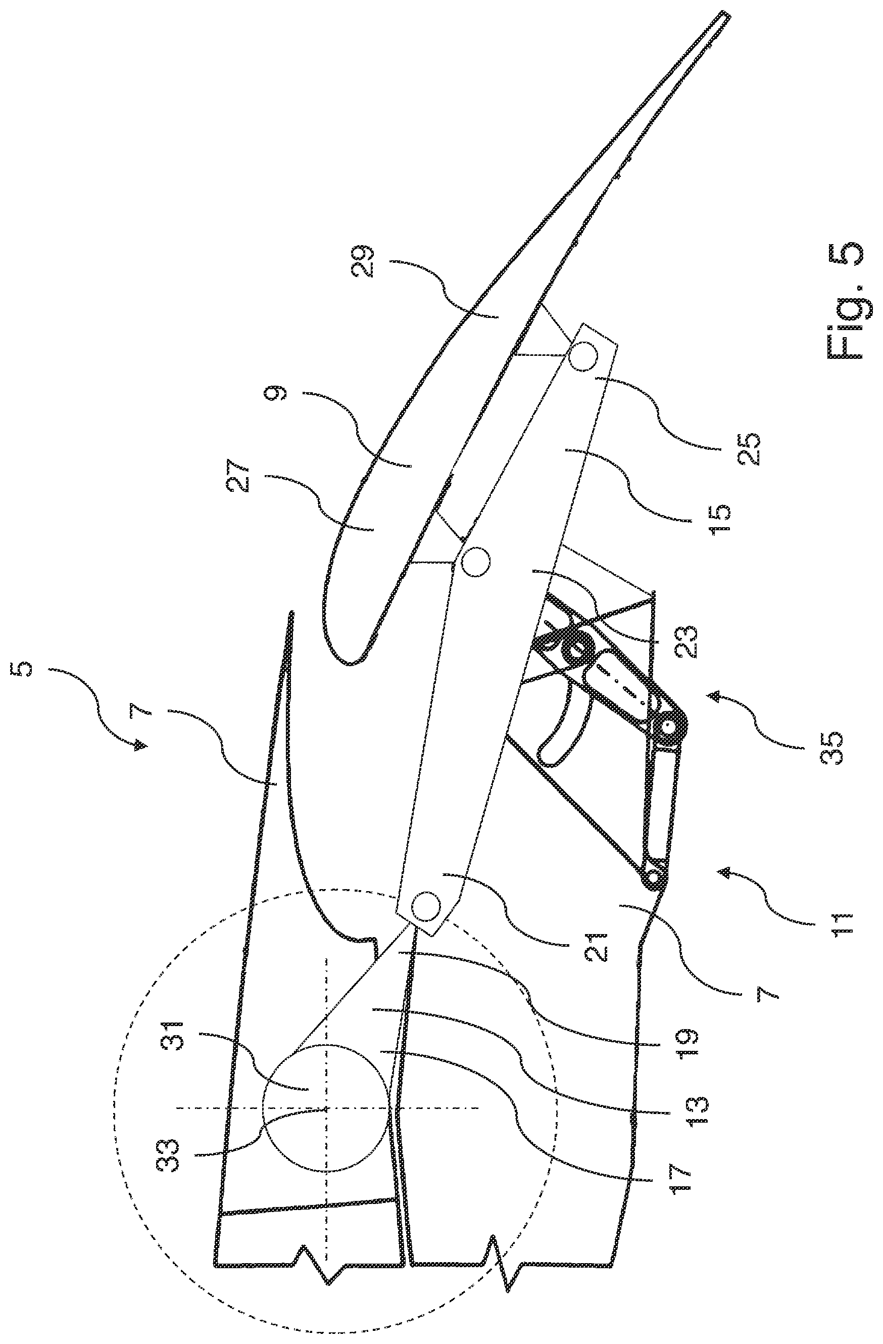 Patent US12377960 Figure 5 – Wing assembly comprising a connecting assembly with a first and a second connecting element, wing, and aircraft