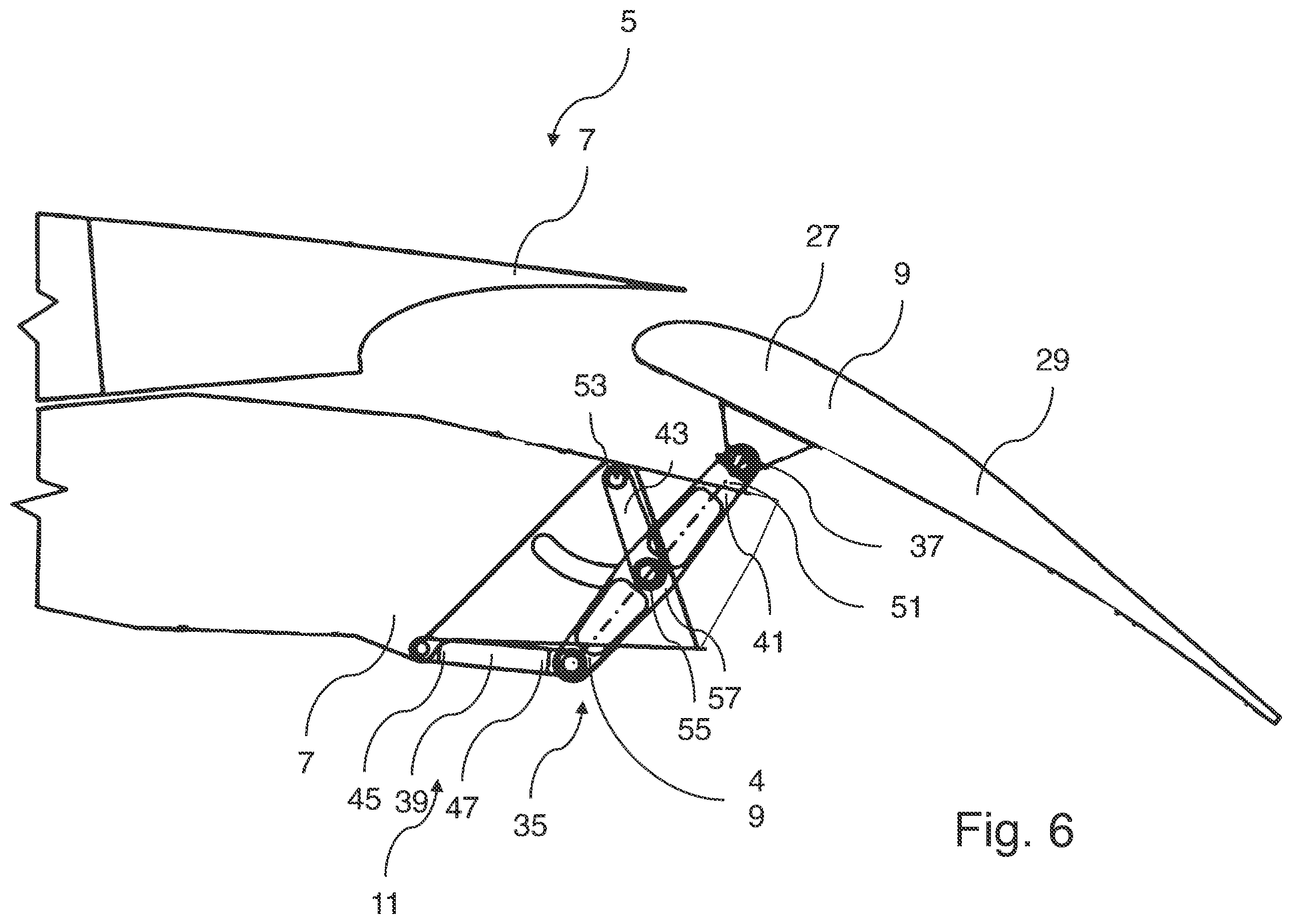 Patent US12377960 Figure 6 – Wing assembly comprising a connecting assembly with a first and a second connecting element, wing, and aircraft
