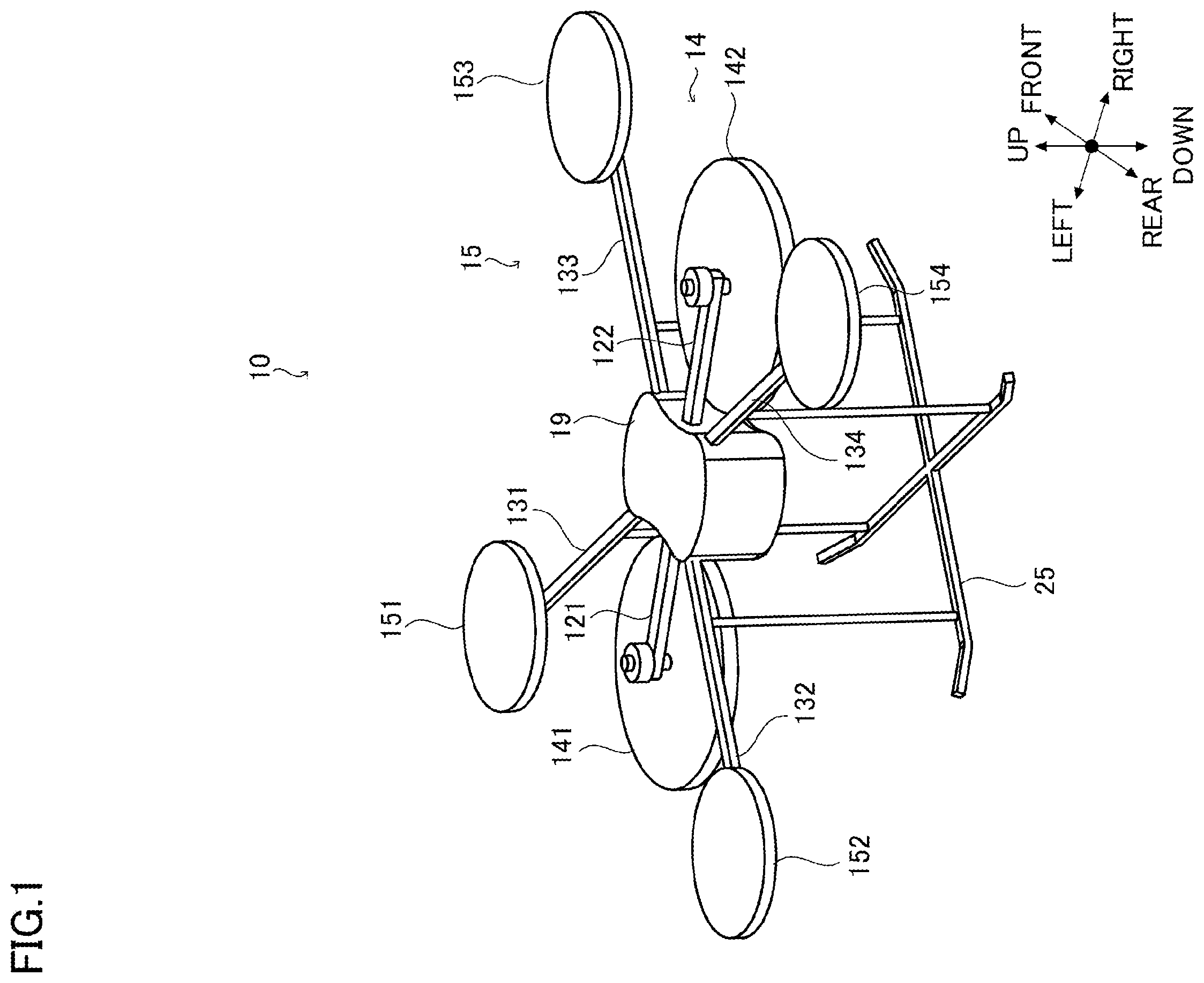 Patent US12377970 Figure 1 – Flight device with first main rotor and second main rotor arranged below sub-rotor