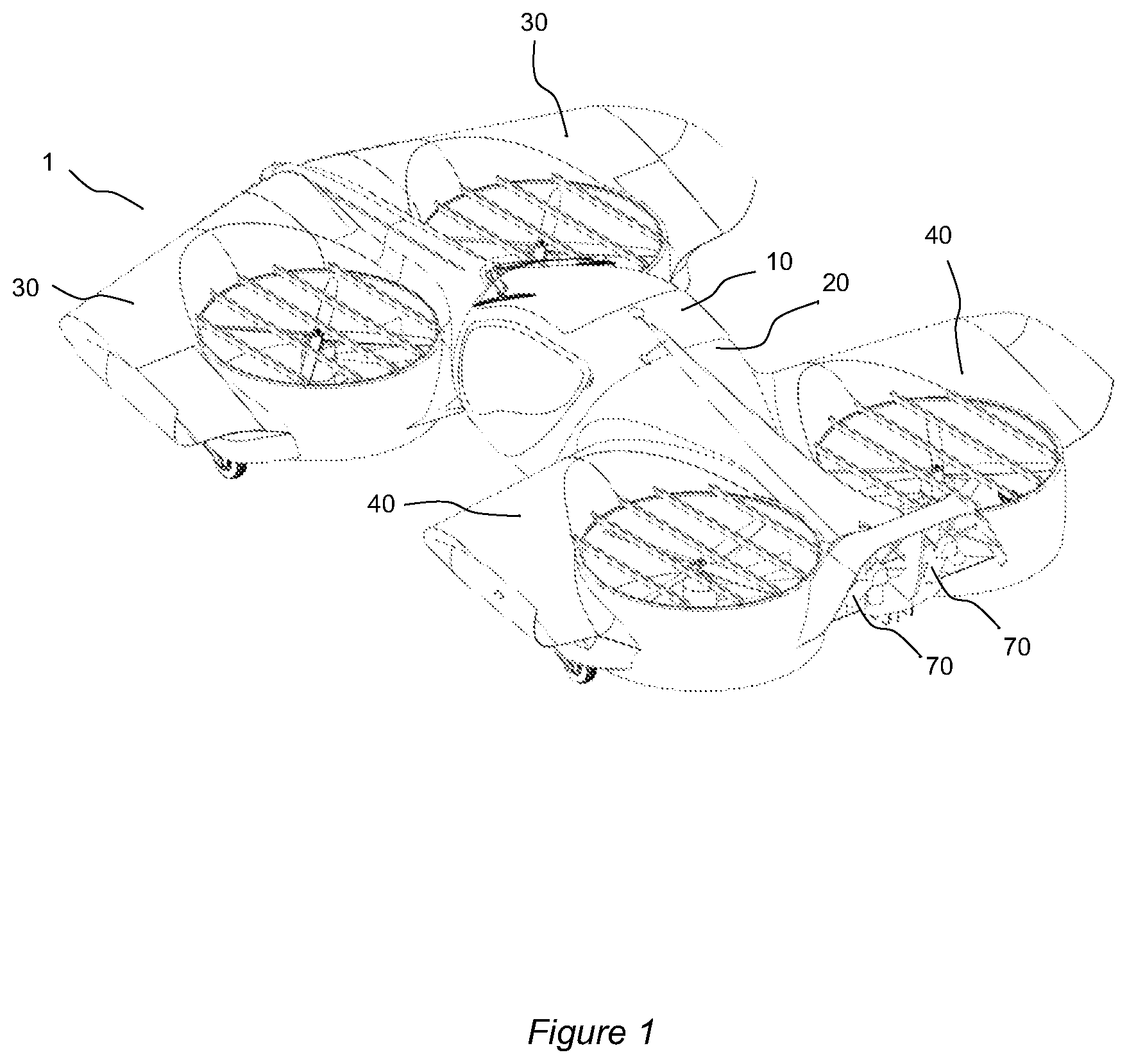 Patent US12377973 Figure 1 – Flight control of lift plus cruise quadcopter aircraft