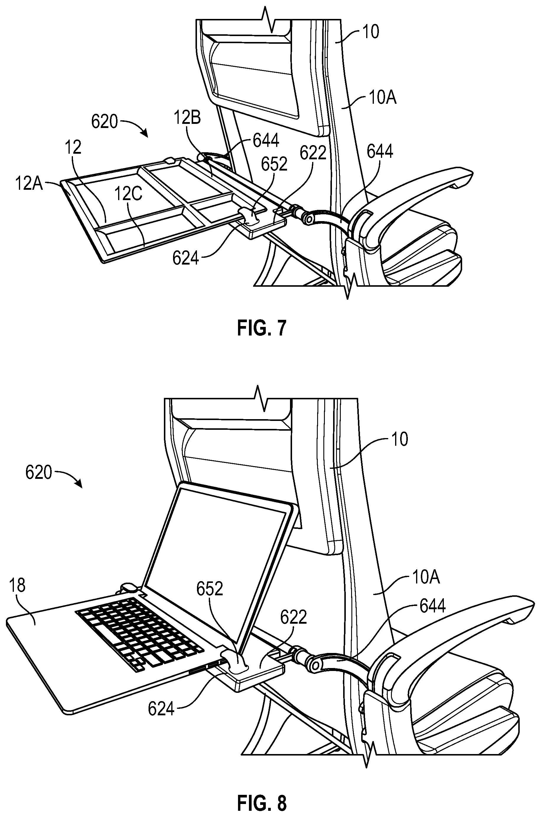 Patent US12377982 Figure 6 – Aircraft seat design with mountable food tray
