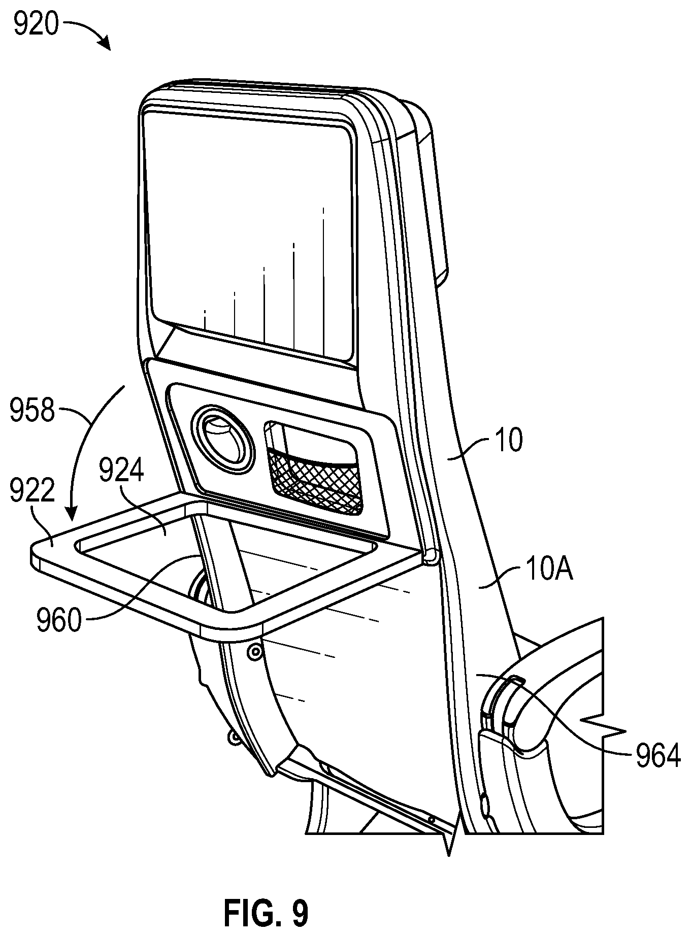 Patent US12377982 Figure 7 – Aircraft seat design with mountable food tray