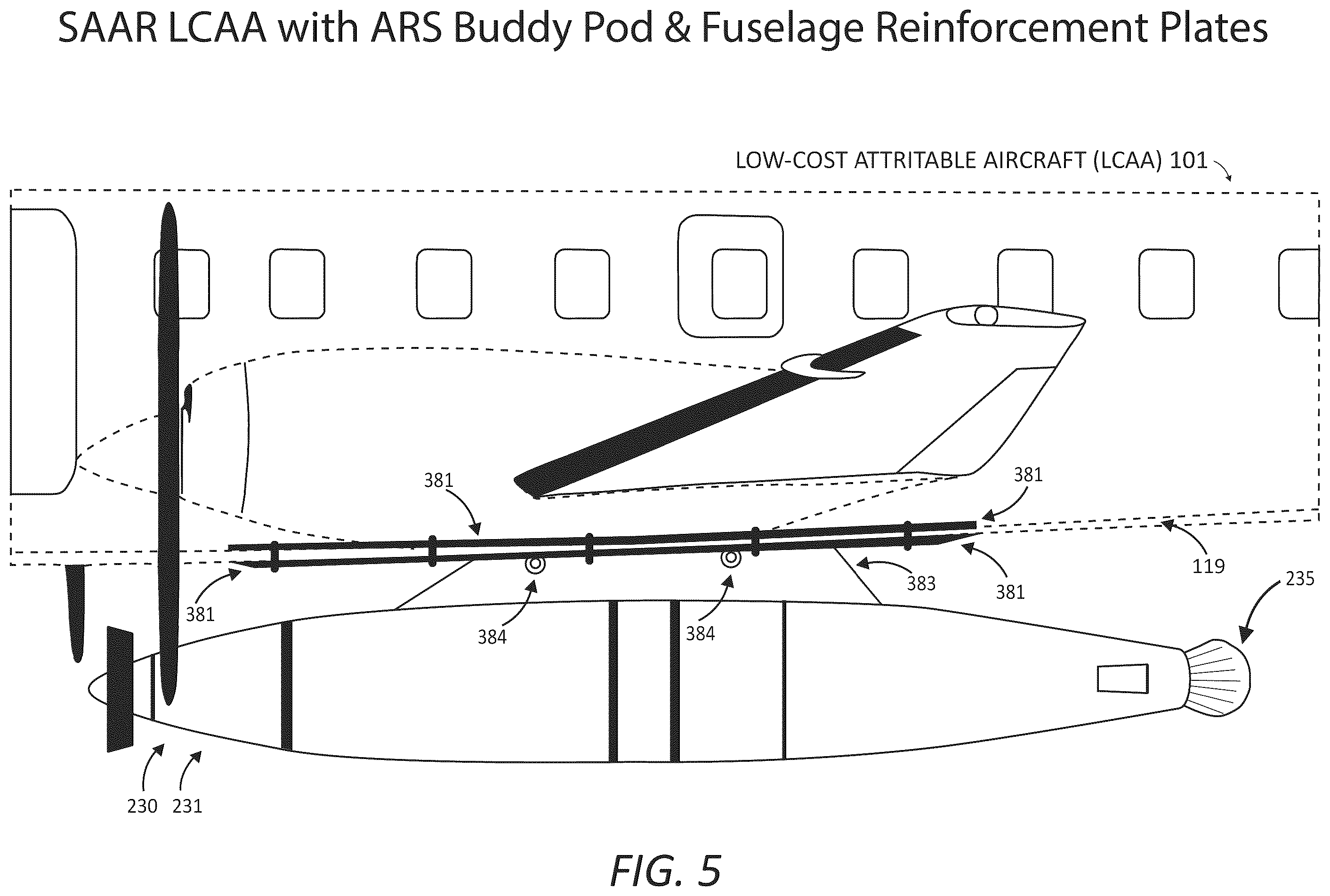 Patent US12378001 Figure 5 – Aircraft modification system for providing flight performance capabilities and selectively stabilized aerial refueling (AR) presentations