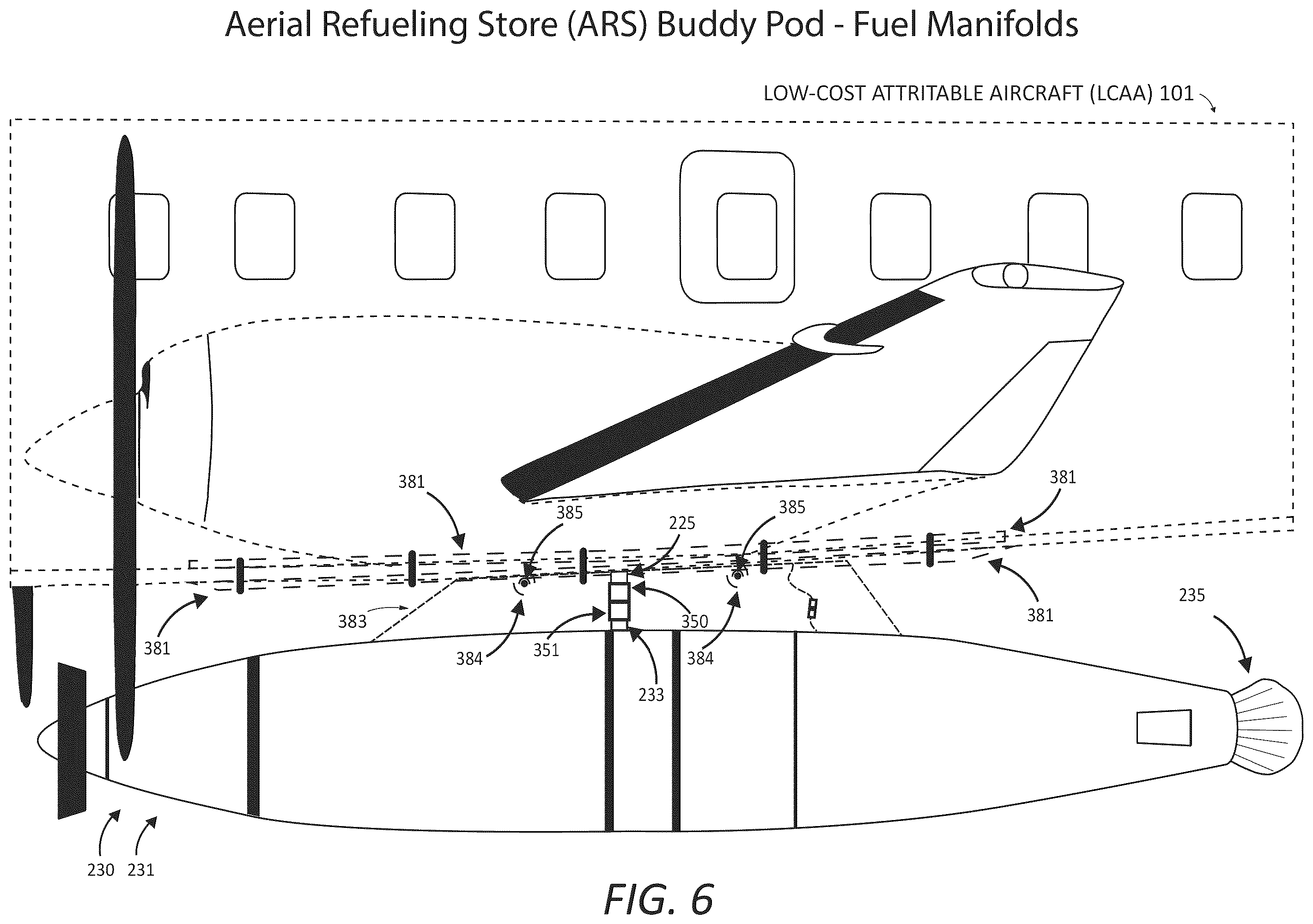 Patent US12378001 Figure 6 – Aircraft modification system for providing flight performance capabilities and selectively stabilized aerial refueling (AR) presentations