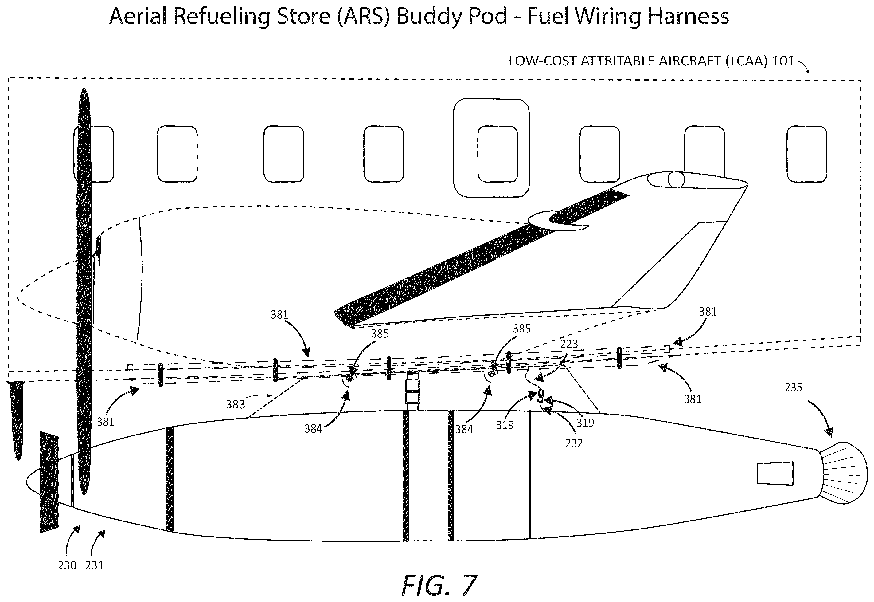 Patent US12378001 Figure 7 – Aircraft modification system for providing flight performance capabilities and selectively stabilized aerial refueling (AR) presentations