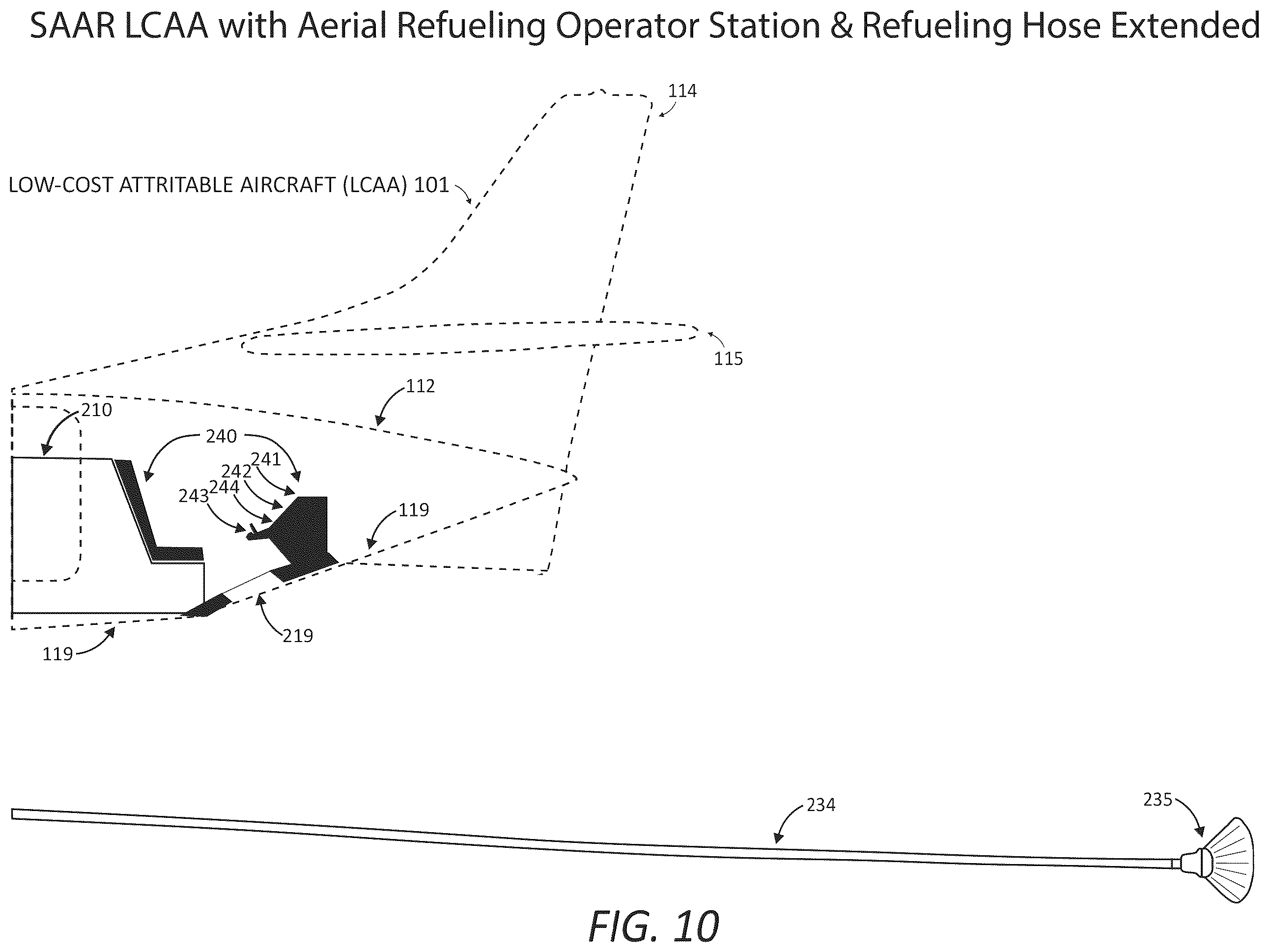 Patent US12378001 Figure 10 – Aircraft modification system for providing flight performance capabilities and selectively stabilized aerial refueling (AR) presentations