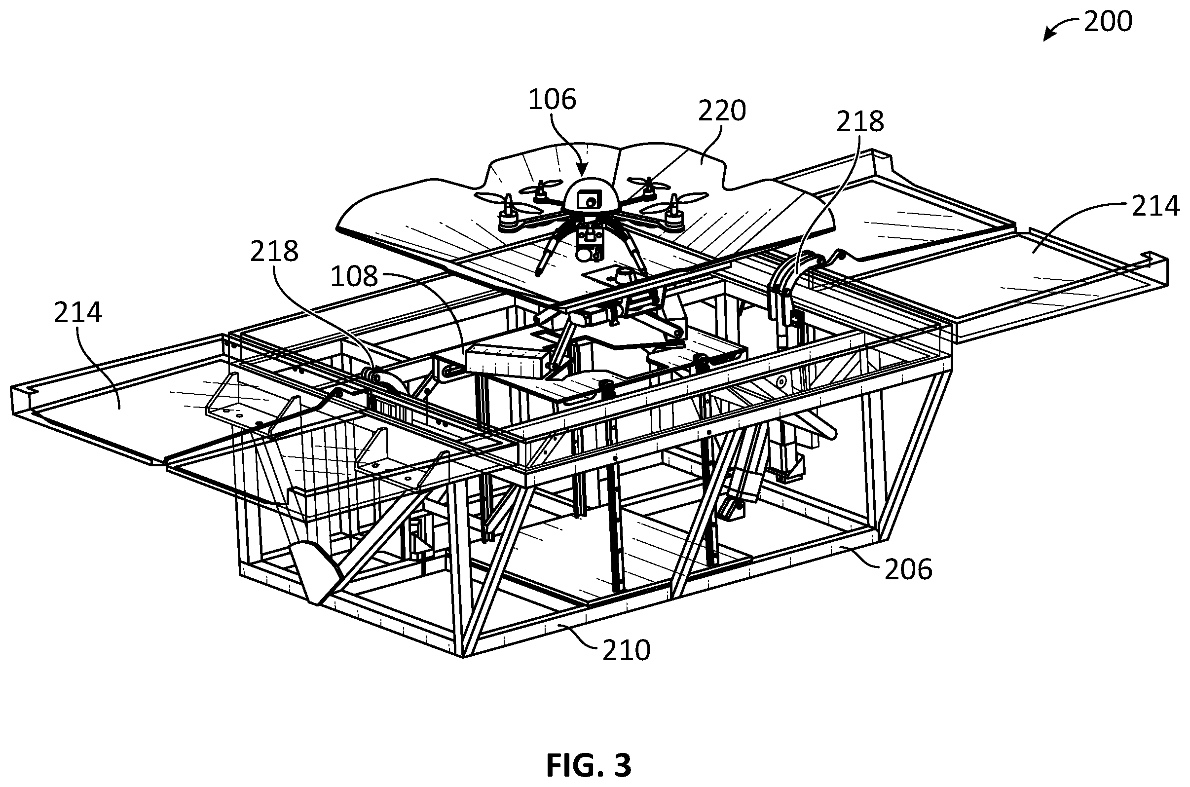 Patent US12378013 Figure 3 – Unmanned aerial vehicle landing platform with tether passthrough systems and methods