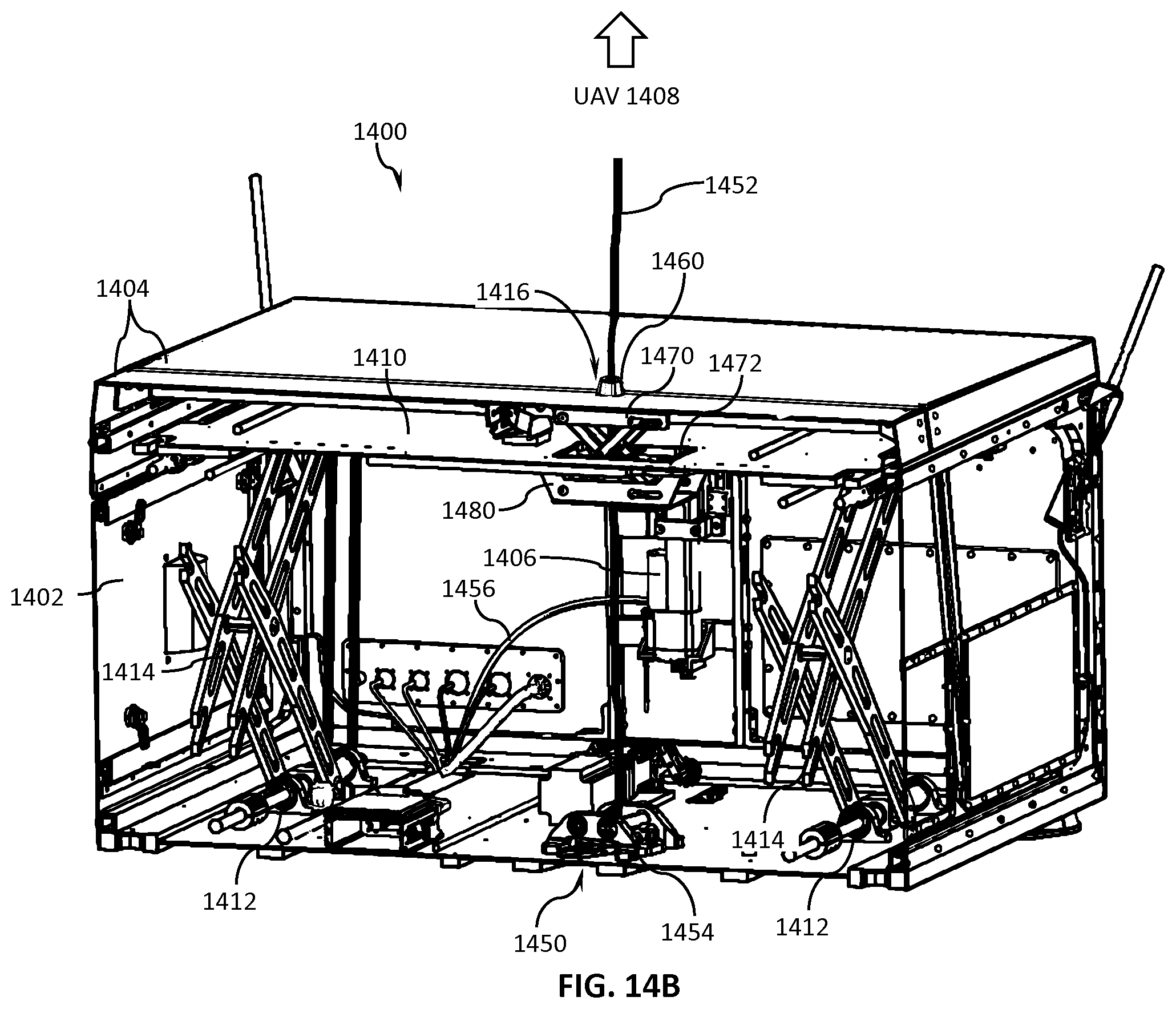 Patent US12378013 Figure 14 – Unmanned aerial vehicle landing platform with tether passthrough systems and methods