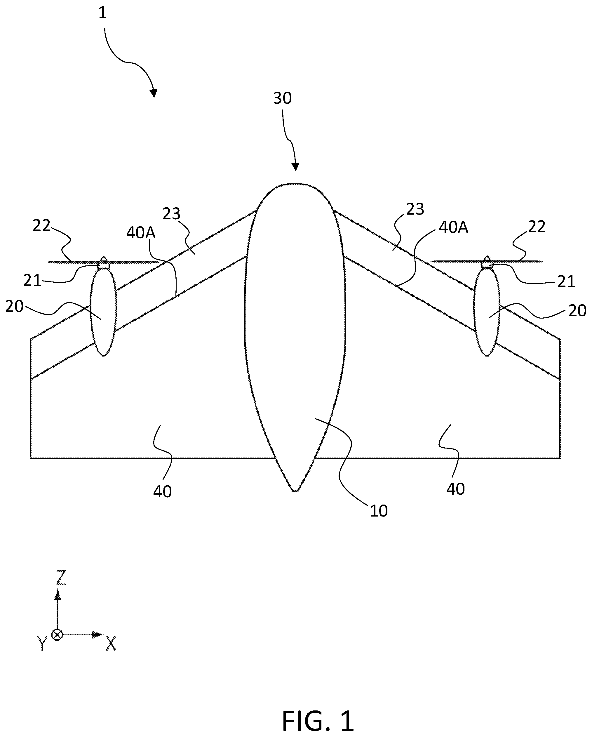 Patent US12378015 Figure 1 – Flight device with end parts displaceable along front end parts of wing parts