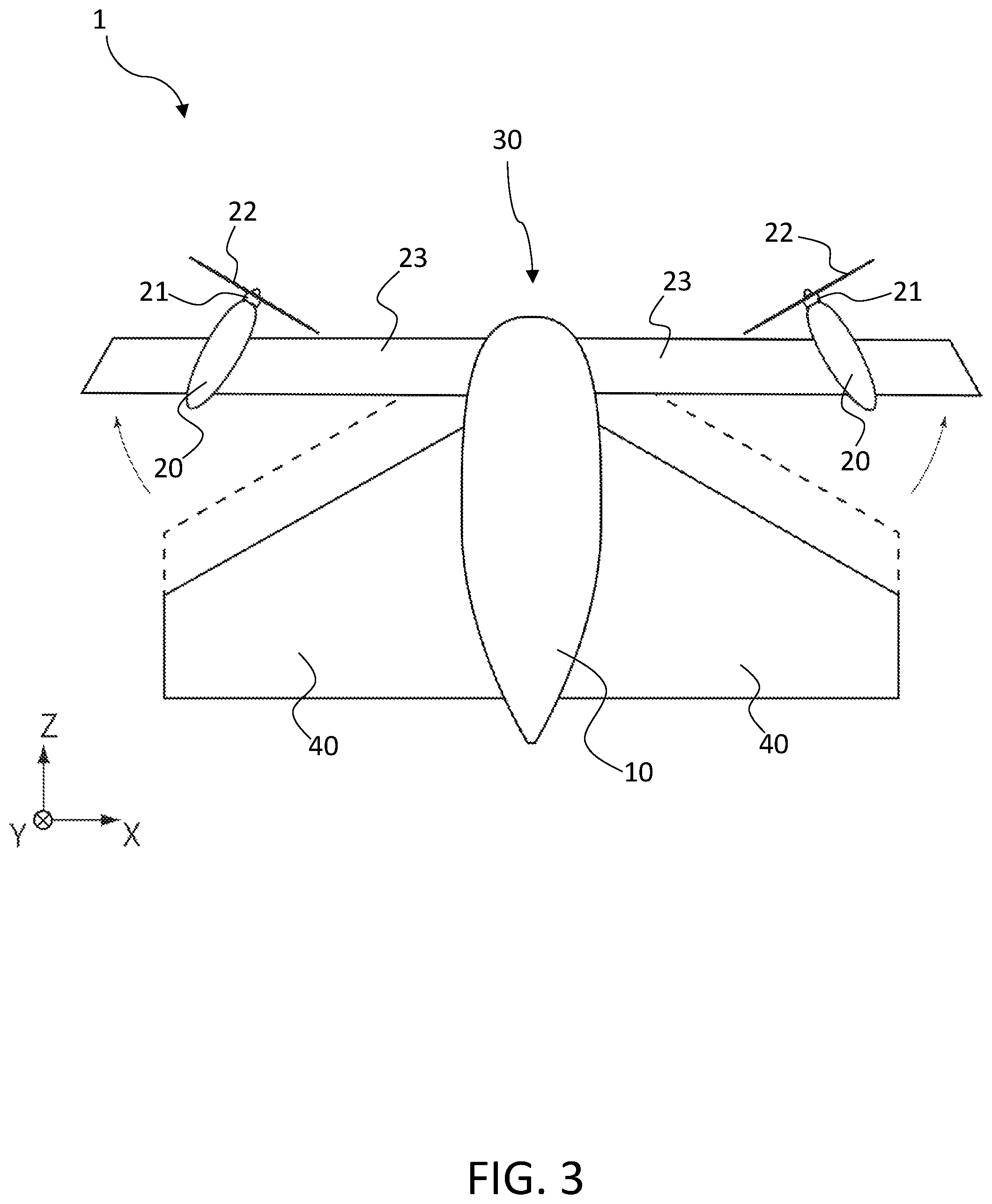 Patent US12378015 Figure 3 – Flight device with end parts displaceable along front end parts of wing parts