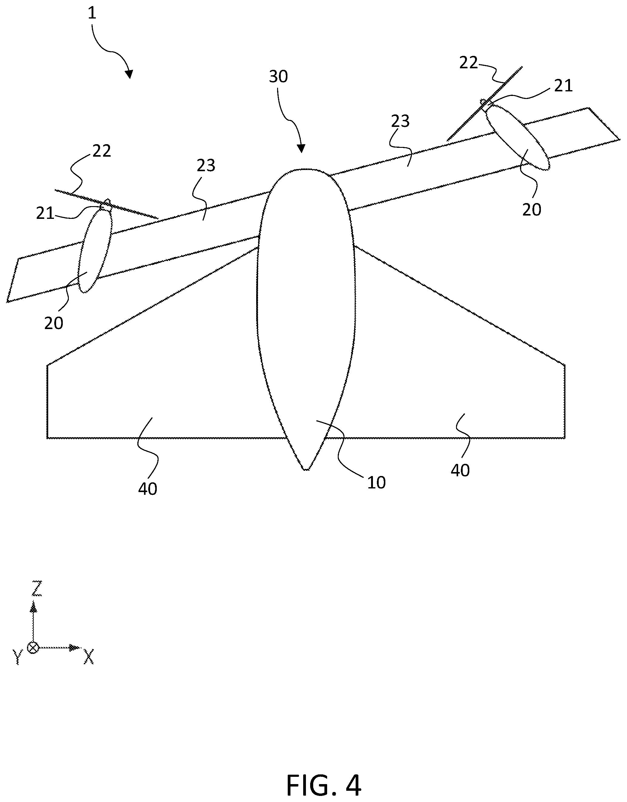 Patent US12378015 Figure 4 – Flight device with end parts displaceable along front end parts of wing parts