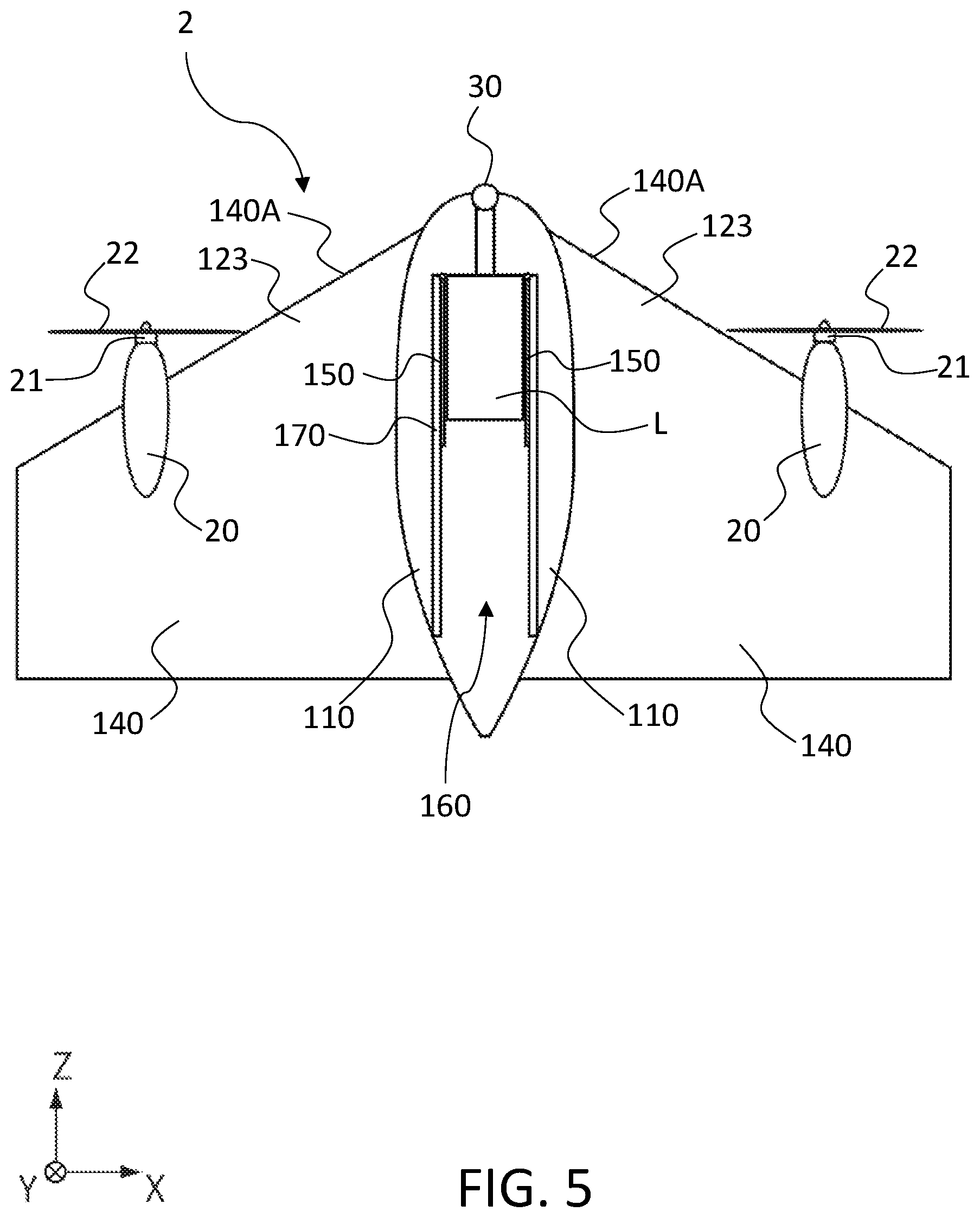 Patent US12378015 Figure 5 – Flight device with end parts displaceable along front end parts of wing parts
