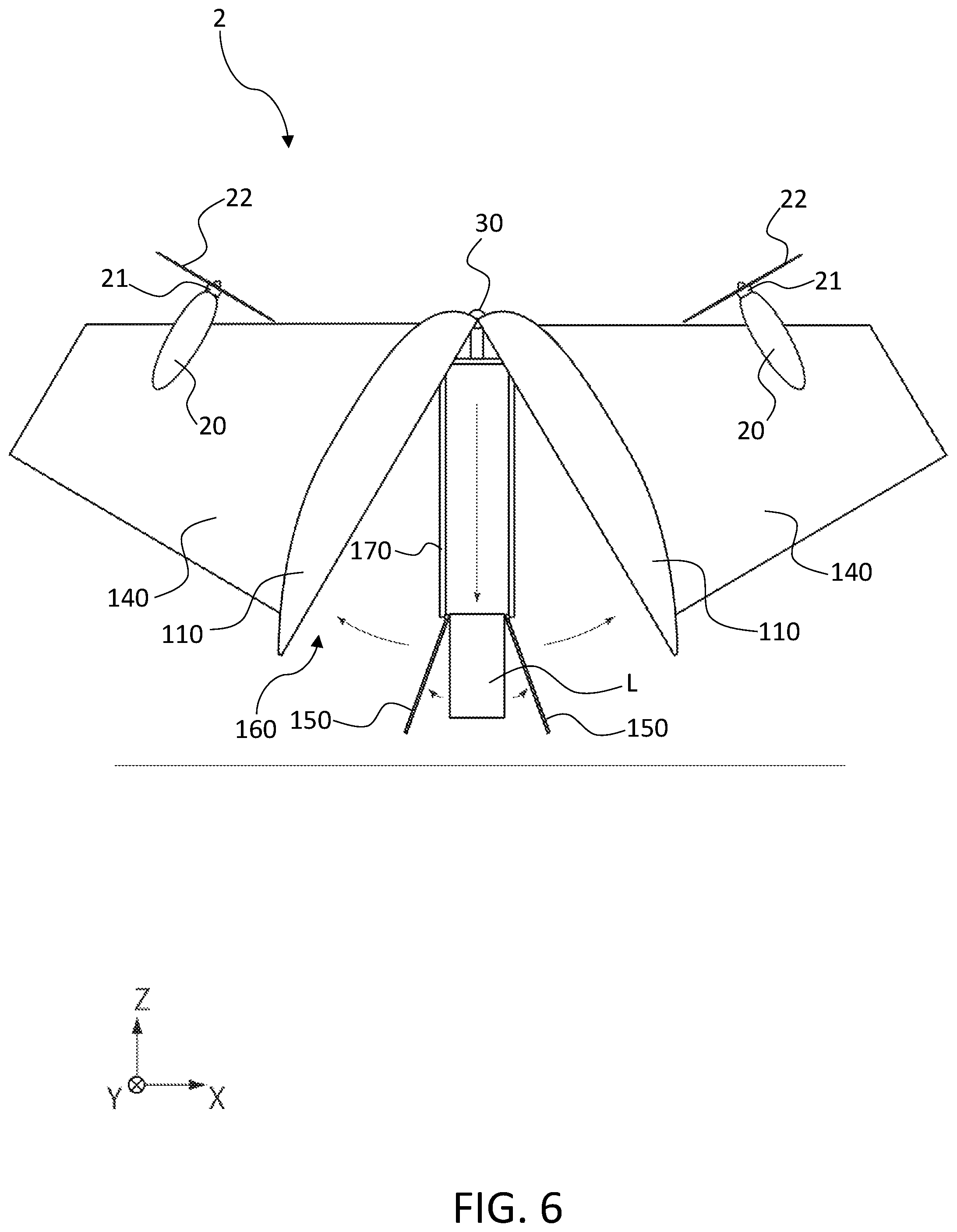Patent US12378015 Figure 6 – Flight device with end parts displaceable along front end parts of wing parts