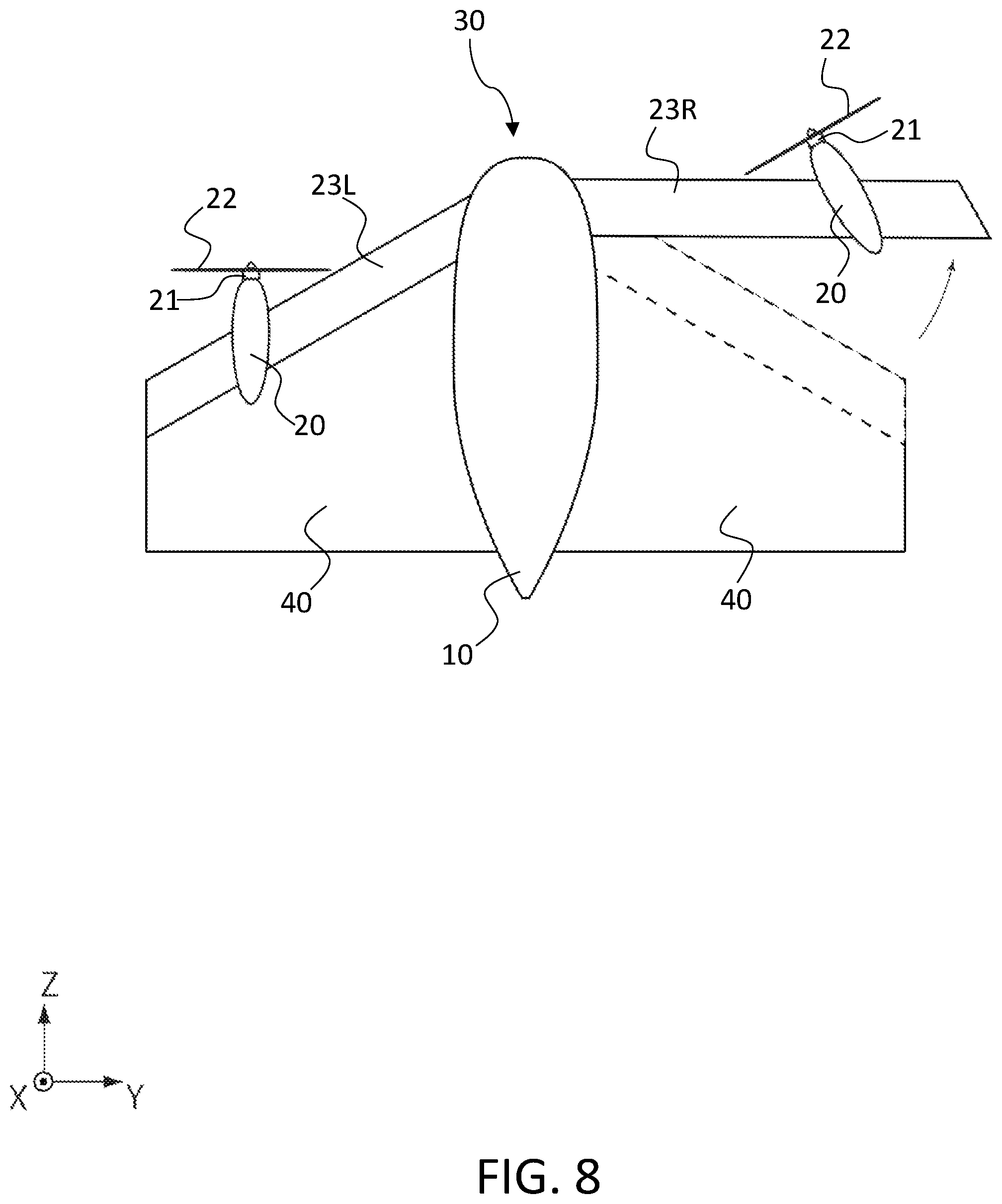 Patent US12378015 Figure 8 – Flight device with end parts displaceable along front end parts of wing parts
