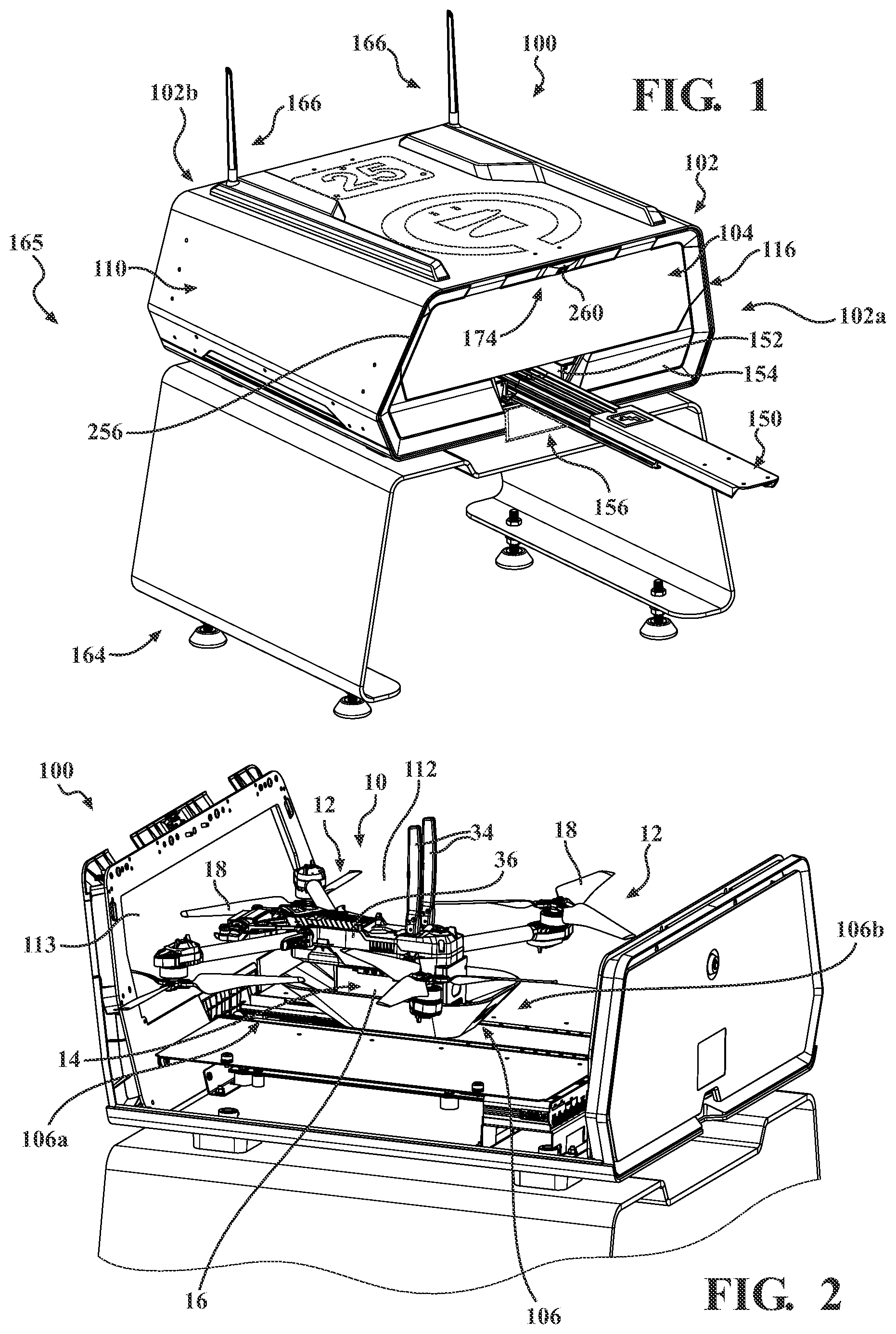 Patent US12378017 Figure 1 – Base stations for unmanned aerial vehicles (UAVs) and pedestals for use therewith