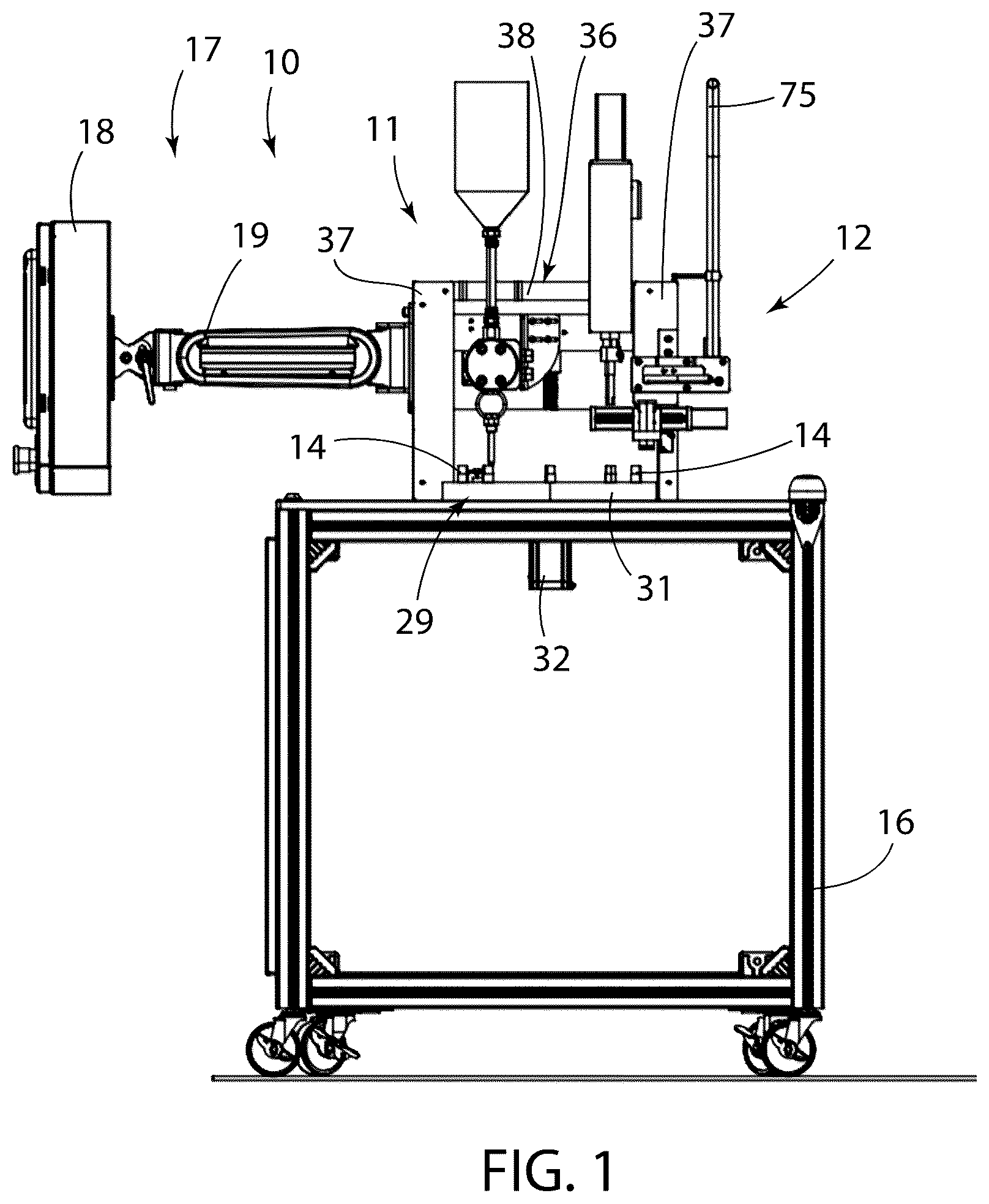Patent US12378018 Figure 1 – Cartridge filler and capping machine for filling and capping cartridges with consumable fluids