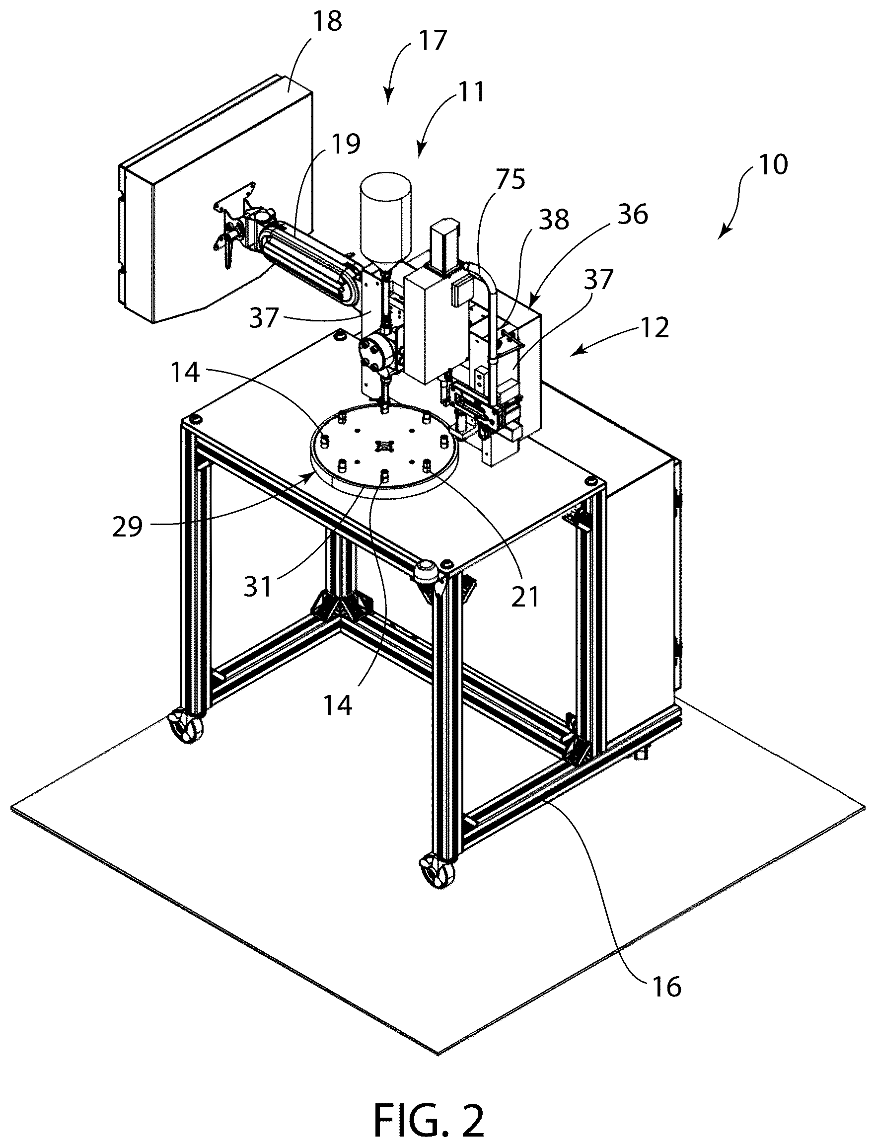 Patent US12378018 Figure 2 – Cartridge filler and capping machine for filling and capping cartridges with consumable fluids
