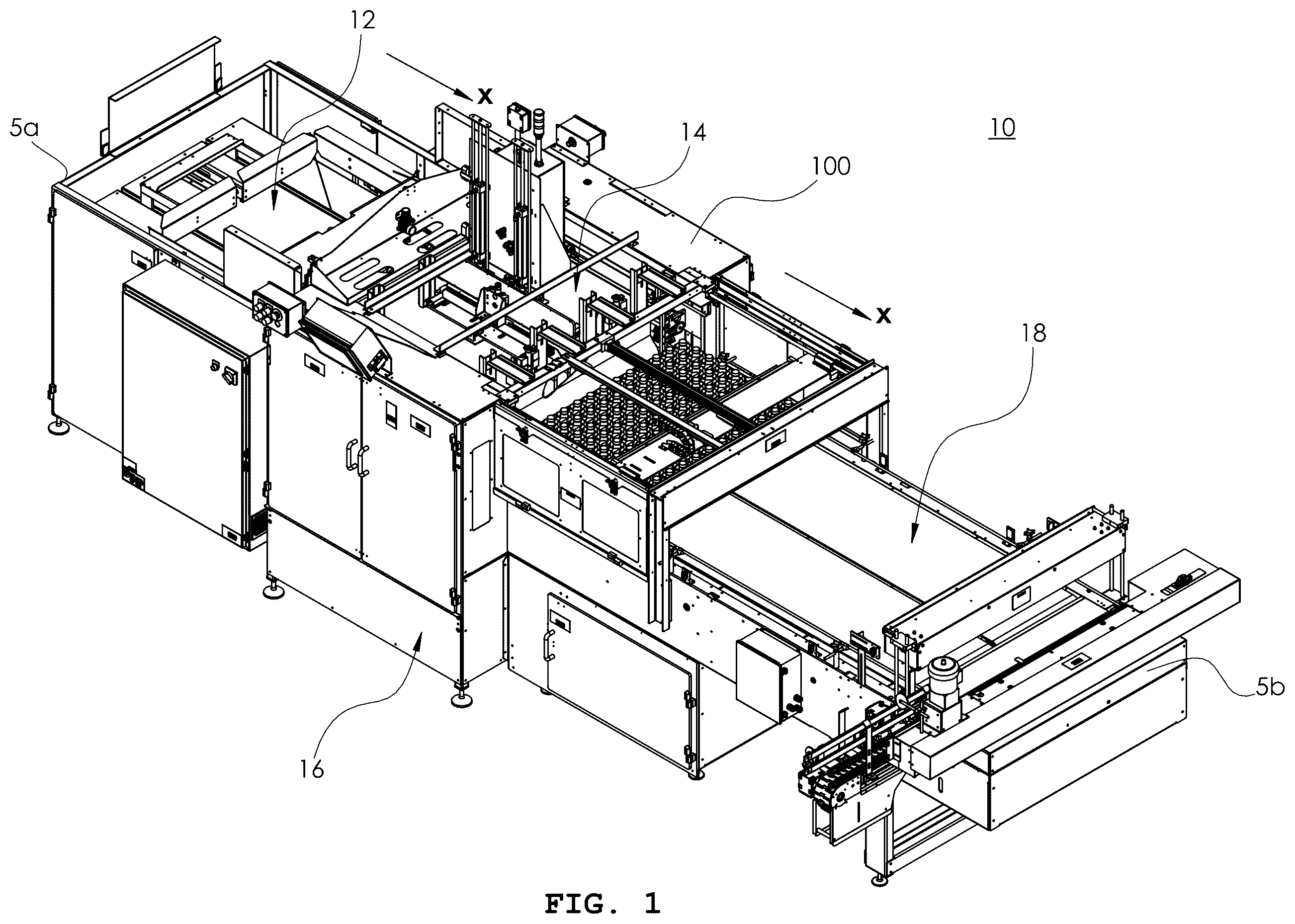 Patent US12378031 Figure 1 – Apparatus and method for debagging article arrays